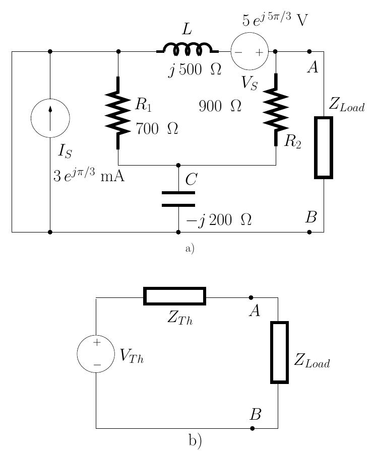 14: a) ac circuit. b) thévenin equivalent circuit.