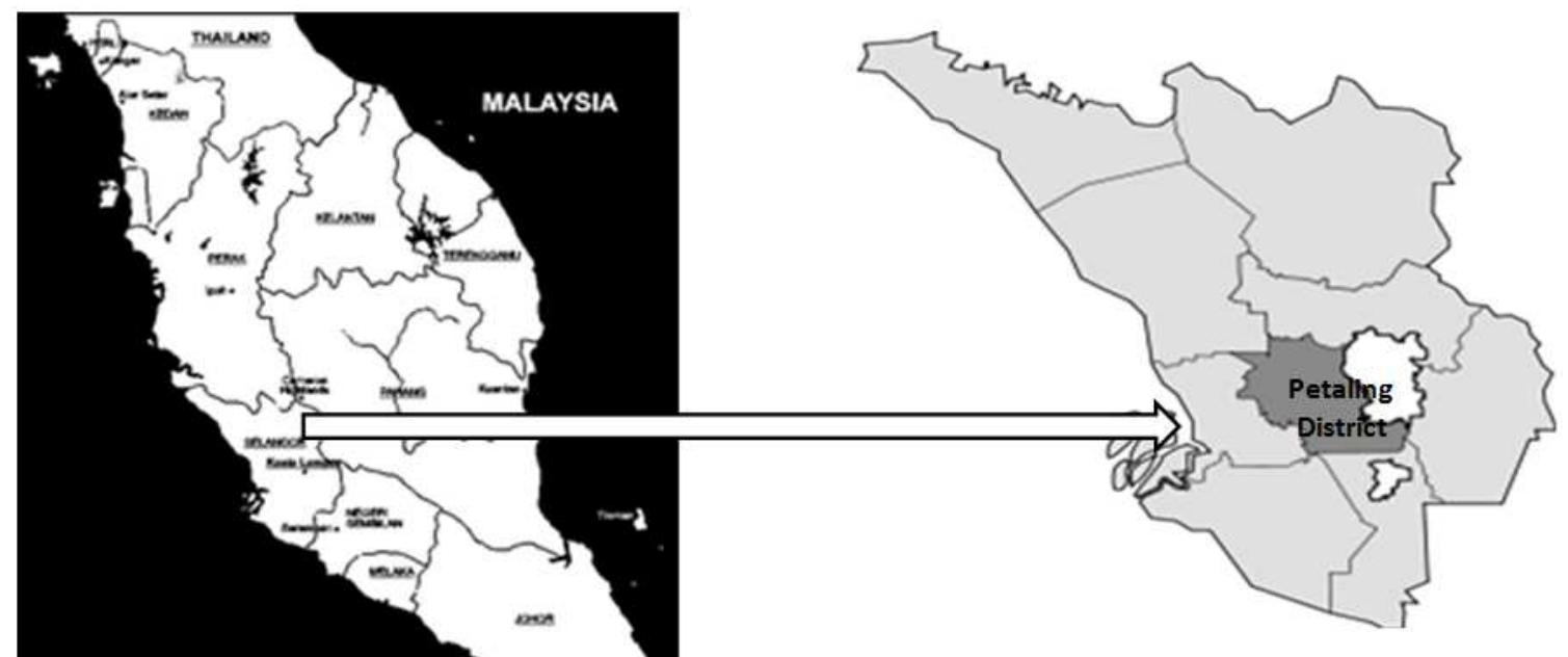 Map of malaysia showing petaling district in selangor state