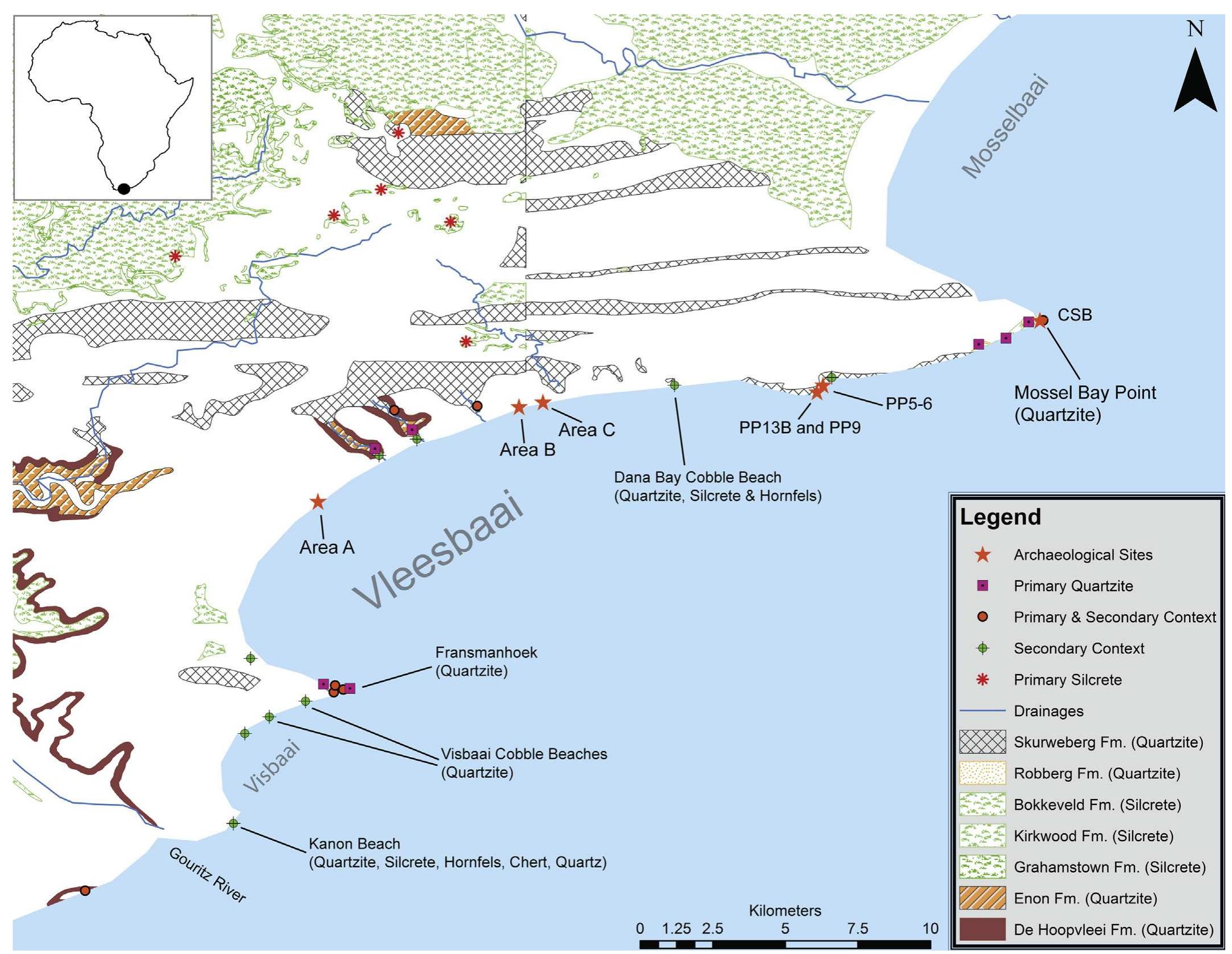 Fig. 1. Mossel Bay region, zoomed in. Map shows geological formations, potential raw material sources, and archaeological localities of interest. Although represented by observec single point occurrences, the actual extent and abundance of primary and secondary sources is greater on the landscape. 