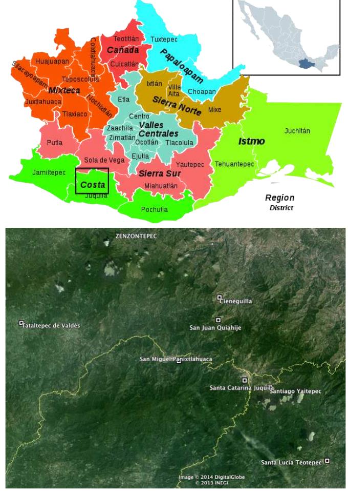 Ficure |. District map of Oaxaca, Mexico (above), with detail showing the Chatino region and locations in it of major places mentioned in this article (below). Sources: Wikipedia 2010. http://en.wikipedia.org/wiki/File:Oaxaca_regions_and_districts.svg; and Google Earth 7.1. 2014. http://www.google.com/earth/index html [Viewed 2 February, 2014].)  Linguistically, Chatino is a shallow language group coordinate with Zapotec in the Zapotecan family of Otomanguean (Kaufman 1993, Upson & Longacre 1965), as showr in Table 1. Over half of contemporary Chatinos are speakers of 17 or so distinct local va: rieties of Chatino, many of which are mutually unintelligible. The varieties are named fo: the localities in which they are spoken and vary considerably with respect to their popula. tions and vitality (see further discussion in Cruz & Woodbury 2014). Almost a century ago, Franz Boas (1913:78) reported a few hours conversation with a Chatino man namec Ezéquiel Vazquez, who recognized that these village language varieties could be classifiec into three main “dialects” (which we consider distinct languages): Zenzontepec Chatino Tataltepec Chatino, and all the rest, which we call Eastern Chatino. Campbell (2013) sus. tains the Vazquez-Boas classification by demonstrating, based on shared innovations, tha all the Eastern Chatino varieties form a distinct genetic unit (but he leaves flat the consider. able diversity that it contains). He furthermore shows that Eastern 