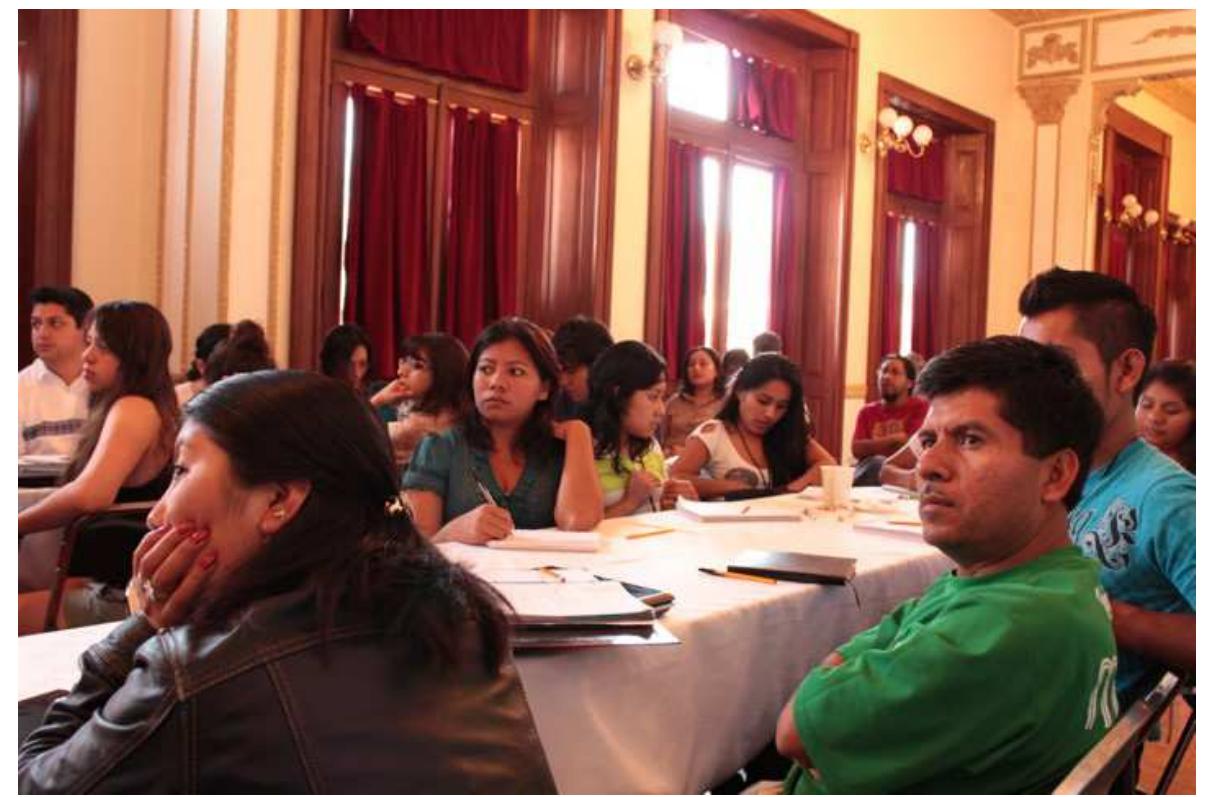 FicureE 12. Workshop on Tone for speaker-linguists of Otomanguean languages, Oaxaca City, June, 2012 (Photo by Gibran Morales)  TONY: Now, at the time of this writing, I feel things have come a long way. Our lan guage promotion efforts are still centered on community-level teaching, as Emiliana jus described. But it has led into some key new institutional relationships which have extende« its reach and impact. In the summers of 2012 and 2013, with the support of the Mexicai federal government’s National Institute for Indigenous Languages (known by its Spanisl initials, INALI), and the support of the privately-funded San Pablo Academic and Cultura Center in Oaxaca City, Emiliana organized a Workshop on Tone for speaker-linguists o Otomanguean languages, with 50 students, and with faculty from Mexico and the US (Figure 12). 