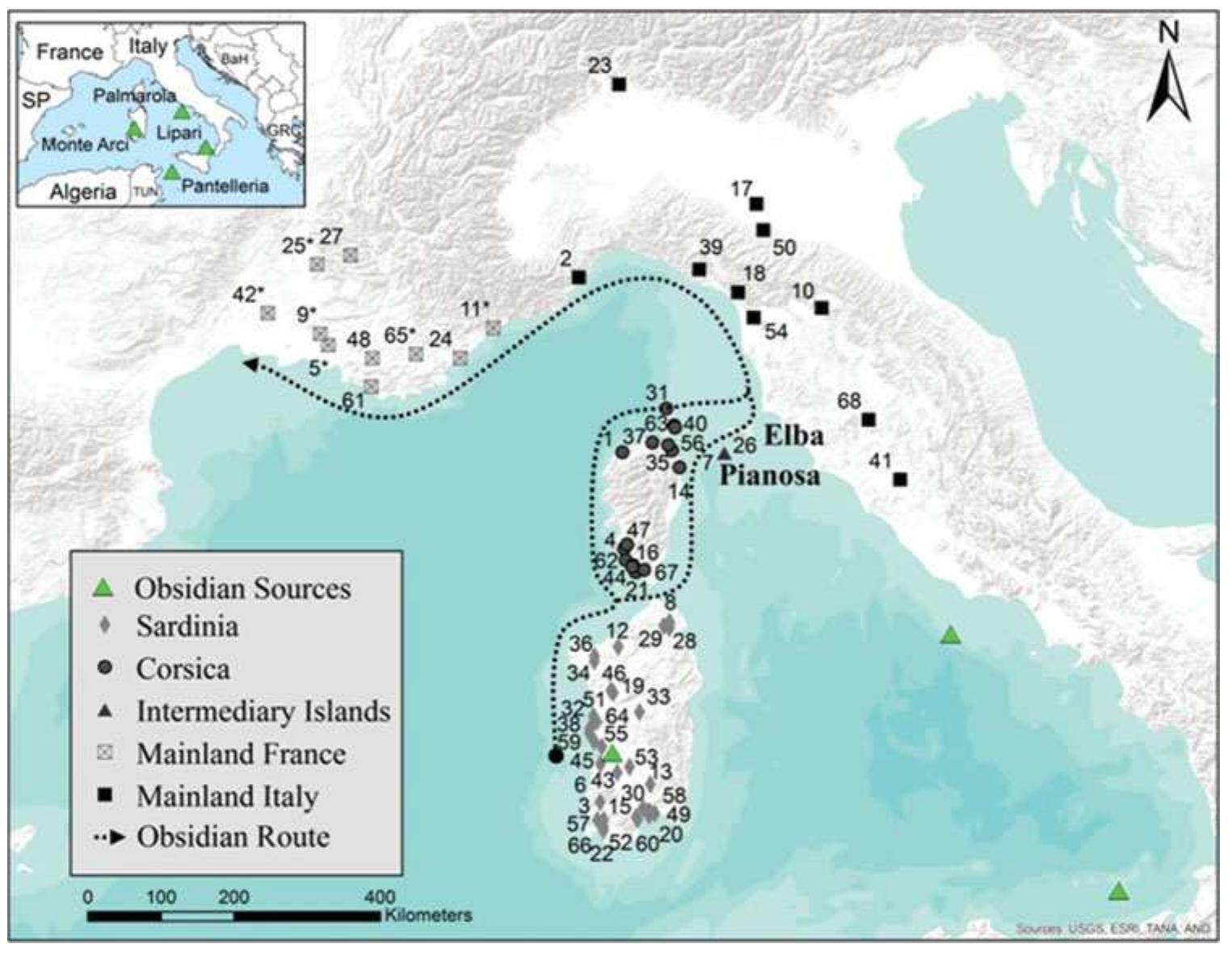 one another. In order to test this hypothesis, we analyze the distribution of obsidian at 79 Neolithic sites dating from the sixth to fourth millennia BC. After collating previously pub- lished obsidian sourcing data (see online supplement), we use SNA to identify the strengths of inter-site relationships through time based on common patterns of obsidian exploitation. As such, it becomes possible to reconstruct the relationships that mediated the distribution of obsidian throughout these regions.  previously held assumptions about early mar- itime navigation in the West Mediterranean (see Léa 2012; Léa et al. 2010). Building upon this tradition of scholarship, we use social network analysis (SNA) to situate Ter- res Longues within the broader landscape of Neolithic Sardinian obsidian distribution. While we do not deny that the people of southern France and northern Italy inter- acted with one another, we argue that strong similarities both in raw material selection and obsidian reduction strategies between communities in southern France, Corsica, and Sardinia have important implications, especially when considering the broader socio-economic circumstances of their oc- currence. We argue that common traditions in how peoples of these regions procured and worked Sardinian obsidian strongly sug- gest that these communities interacted with 