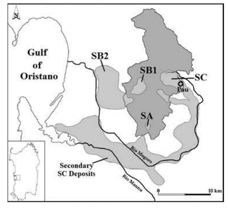 igure 2. Geological map of Monte Arci in west central Sardinia showing the relevant obsidian subsources (after Lugliée et al. 2006:1000). 