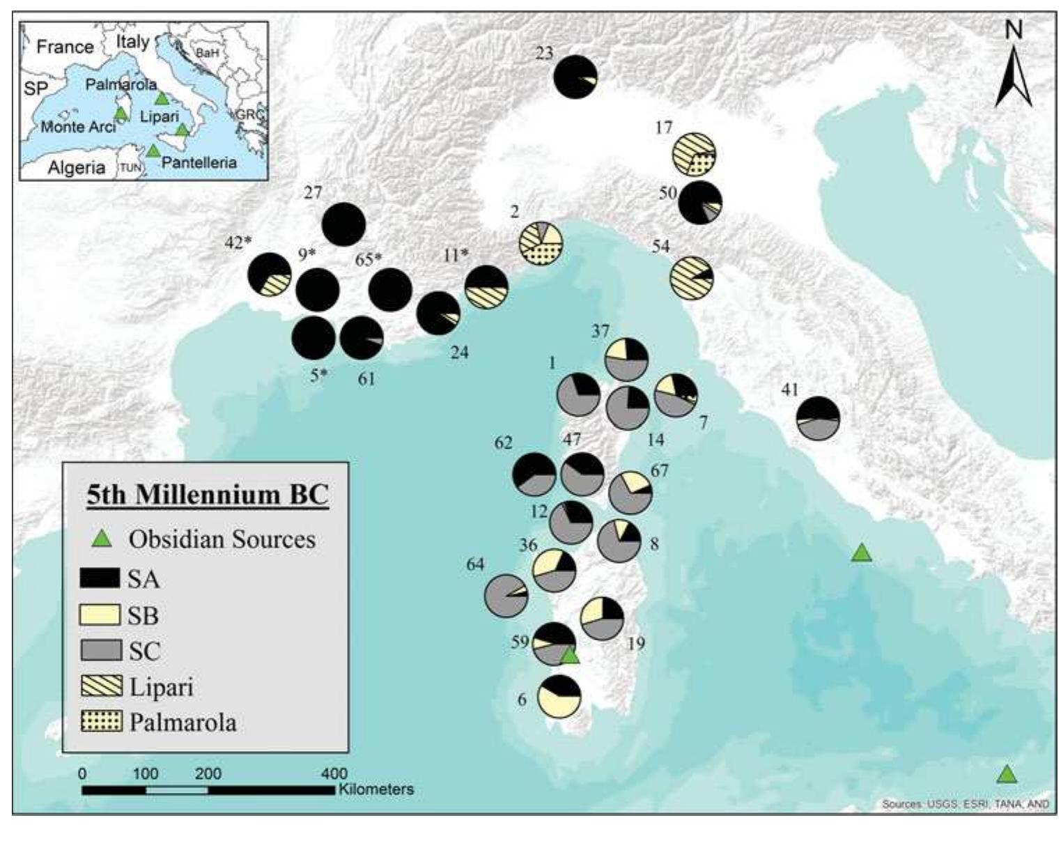 igure 5. Fifth millennium BC obsidian frequencies. Pie charts represent the distribution of obsidian at individual sites based on published obsidian sourcing data. Numbers correspond to sites  listed in the online supplement. * Sites in which results were combined for network analysis due to low absolute counts. 