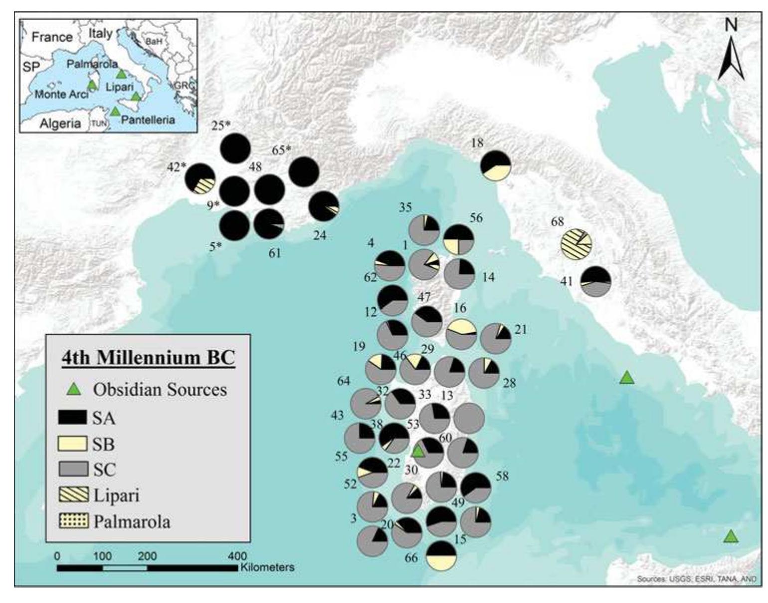 France, with Terres Longues having the only links with Sardinia and Corsica. The second group includes the site of Grotta all’Onda in Tuscany, which is isolated from other sites on mainland Italy and shares connections with the Corsican site of Strette and the Sardinian site of Tracasi. Strette also shares a link with the Italian site of Poggio Olivastro in cen- tral Italy. In general, obsidian exploitation at sites in Corsica and Sardinia is very similar and lacks many of the regional distinctions that were present in earlier periods. 