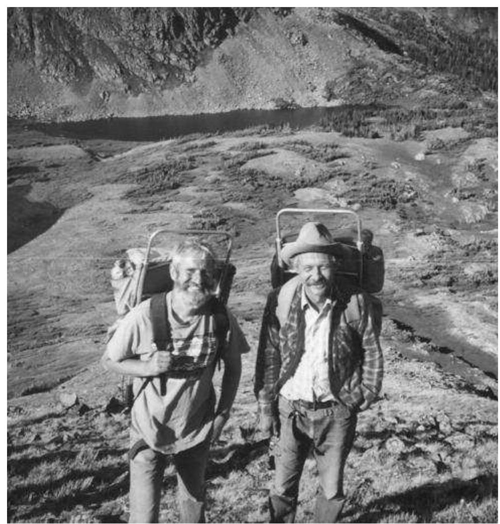 FIGURE 2. Jim Benedict and Byron Olson, 1994. Photo courtesy of Steve Montgomery.  By the early 1970s, Jim had severed his ties with the Mountain Research Station and formed his Center for Mountain Archaeology (CMA). The senior author admits that for many years he wondered about this cen- ter, having pored over Jim’s publications as a student researcher. Was the center was located high on some snowcapped ridge, looking over a valley of glacial lakes? Or was it tucked away amongst ivy-covered buildings on some sleepy college campus? Years later, the author was fortunate enough to discover that the CMA was in fact Jim’s lab and office, located a stone’s throw from his home on the Sawtooth Springs Ranch, perched along South St. Vrain Creek in western Boulder County. Rather than be surrounded by stuffy academics, Jim 