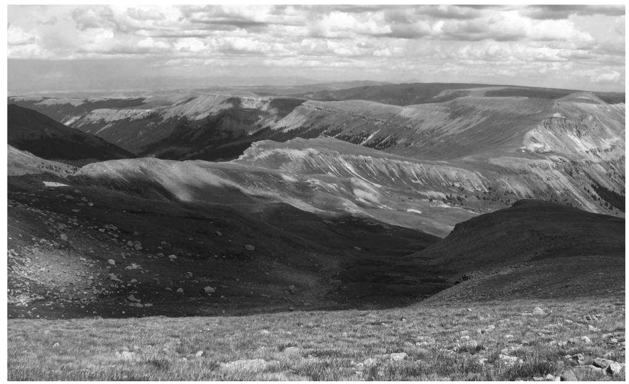 FIGURE 1. View of the stream valleys draining the east flank of Uncompahgre Peak. The Uncompahgre Cirque site is located on comparatively level turf-banked bench at 3840 m. 