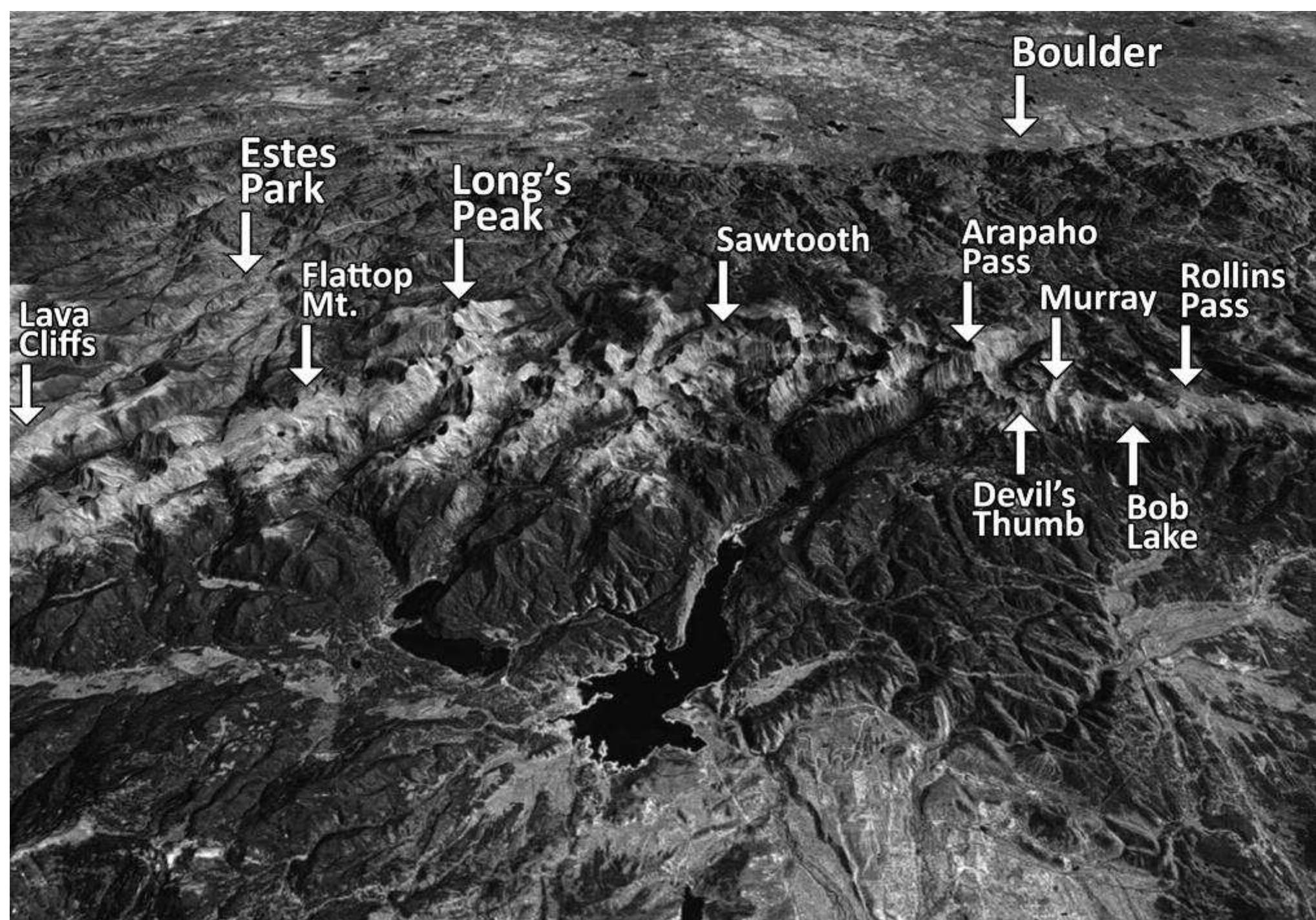FIGURE 4. Locations of lichen-dated sites in the Front Range vicinity. Water Dog Divide not included. Mountain graphic used with permission from the artist, William Bowen.  There are currently nine prehistoric archaeological sites dated by lichenometry in Colorado (Figure 4, Table 1). All but two involved the direct work of Jim Benedict. The other two were completed by me, aided by consid- erable consultation with Jim.  I had originally asked Jim for his advice on using lichenometry to age tipi rings in the Black Hills. I had hoped to make my dissertation topic one that could pro- vide a regional growth curve to quickly age these com- mon Plains features. He quickly discouraged me from that project by saying that all I would be dating would be the most recent prairie fires. He instead encouraged me 