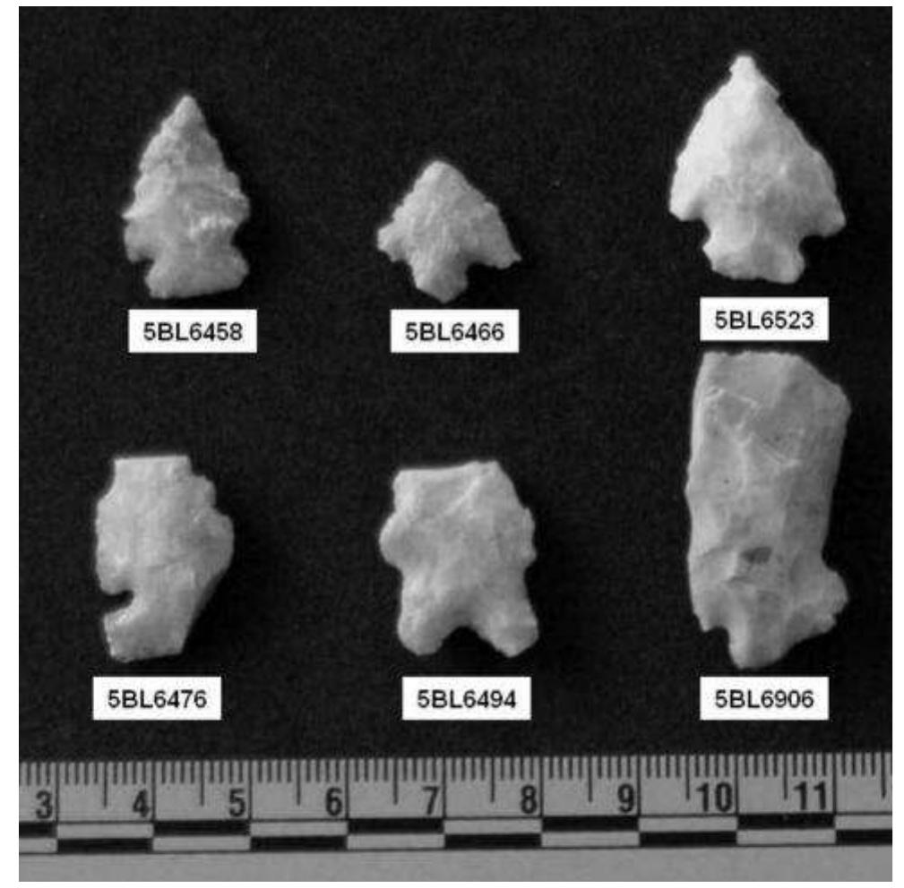 FIGURE 1. Examples of tools of Kremmling chert. North Foothills Open Space.  The site had repeated occupations during the Ceramic period, from approximately 1100 to 650 B.P. (A.D. 850 to 1300), two occupations from the Middle Archaic, and a single firepit dating to the Early Archaic, 6240 + 190 B.P. (Beta-58396). Note that the Early Ar- 