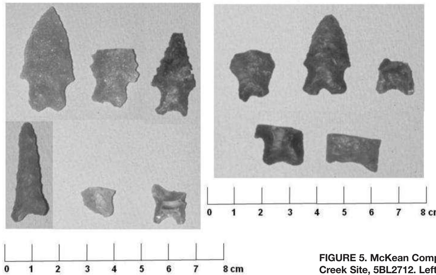 As mentioned, the northern component at the Rock Creek Site had a feature with a post-occupational date of ca. 5690 B.P., associated with stemmed, indented-base points, i.e. McKean Complex points (Figure 5). The date seems correct for the stratigraphic position of the feature in relation to other dates. Standing at the Rock Creek site and looking east, this date is some 700 to 1,100 years earlier than most of the earliest dates for stemmed, indented-base points or McKean Complex components on the Plains (Larmore 2002, ‘Tate 1999). But if we look up to the west, it’s a different view. Sites excavated by Benedict and associates in the high country have early dates and associated stemmed, indented-base points. For example, both the Hungry Whistler site, dating to 5300 + 130 B.P. (Benedict and Olson 1978), and the Coney  The ca. 5690 B.P. occurrence at Rock Creek supports the concept that stemmed, indented-base hafting tech- nology came from the mountains to the Plains. 