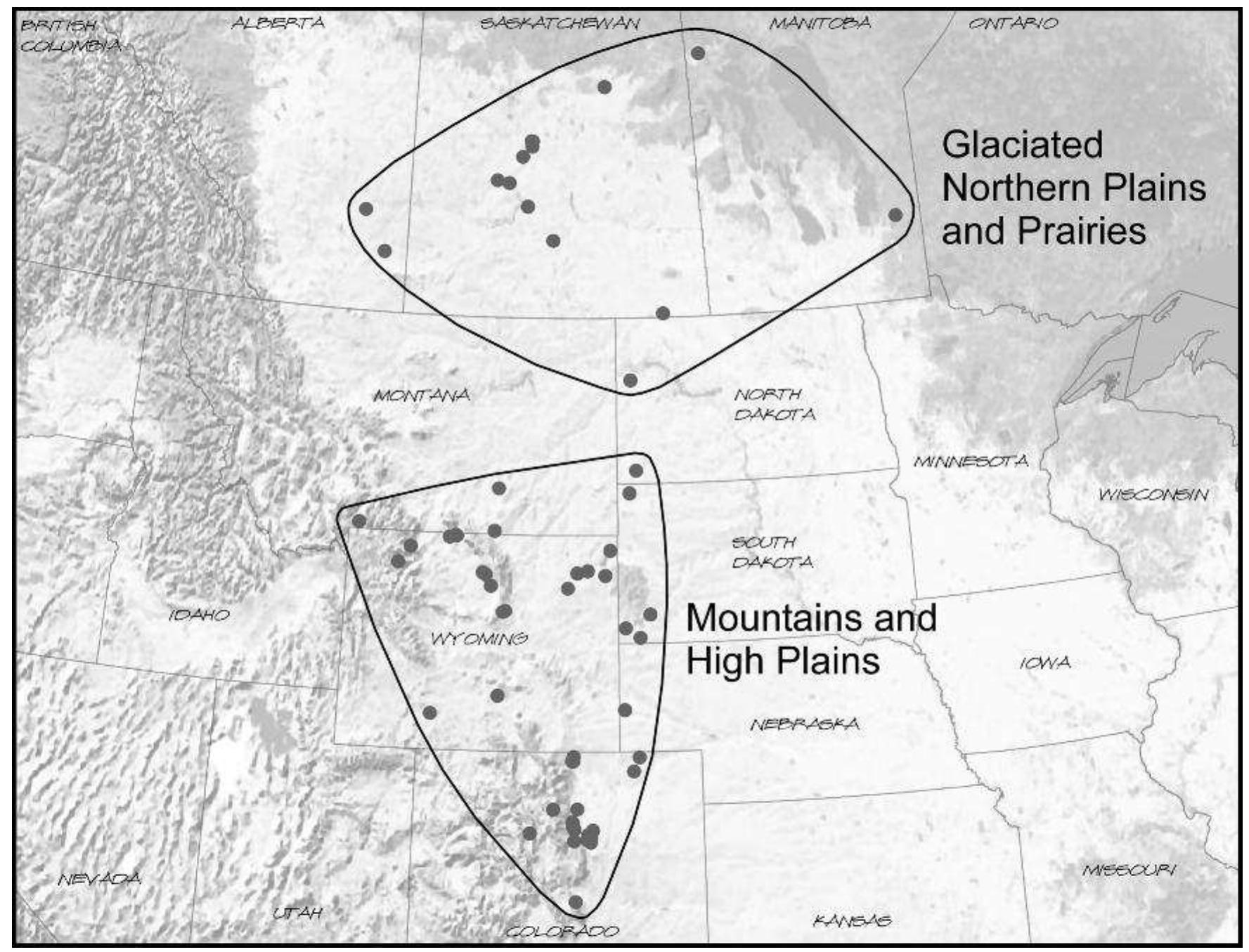 FIGURE 1. Map of the location of dated McKean Complex sites in the Glaciated Northern Plains and Prairies (n=15) and the Mountains and High Plains (n = 56) regions (map by David Hesker and Kevin Gilmore).  The environmental factors most relevant to human adaptation are temperature, effective moisture (EM), and variability of these factors in both frequency (temporal variability) and amplitude. While these factors can all affect the availability of critical resources such as eco- nomically important plants and the grasses that large ungulates depend on, if long-term changes in climate are stable, human populations can adapt to new base levels in climate. However, climate instability affects both the sea- 