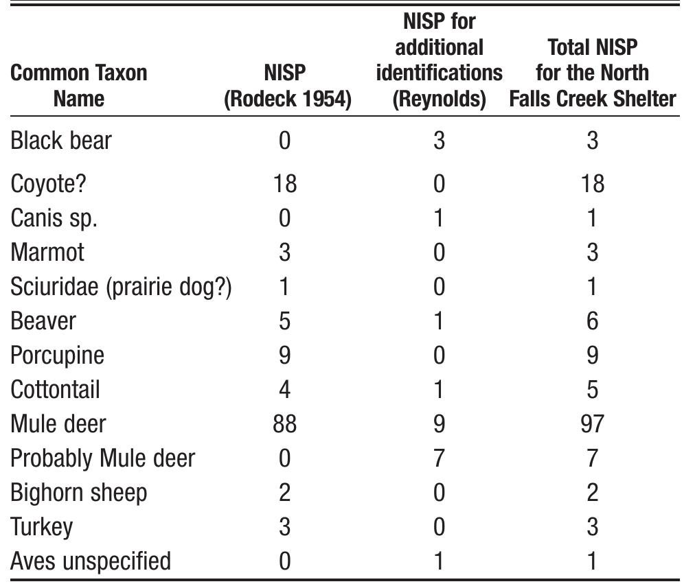 TABLE 4: The totals of species of animals identified by Rodeck (1954) and the author (during the 2007 summer), with Number of Identified Specimens (NISP) per species for the North Falls Creek Shelter.  TABLE 5: The totals of species of animals identified by Rodeck (1954) and the author (during the 2007 summer), with Number of Identified Specimens (NISP) per species for the Talus Village. 