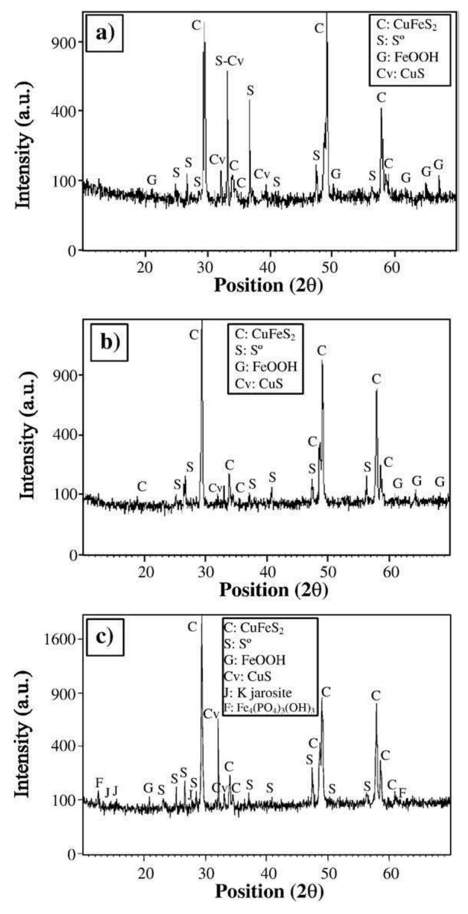 Fig. 9. X-ray diffractograms of the leaching residues at 68 °C, [Fe]rora=5 g/L, Ejnitiat=400 mV and short times: a) 1 h, b) 5 h and c) 1 day. 