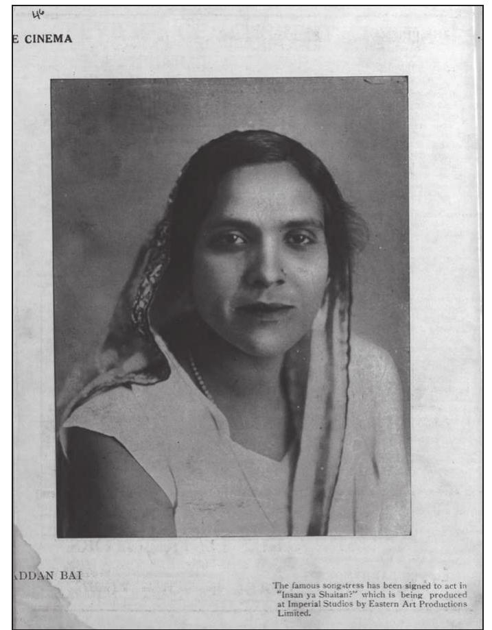 Image 4. A rare photograph of Jaddan Bai in The Cinema (Lahore), June 1933.  The newest technological wonder of the times, cinema, also proved to be an attractive work site where famous singers like Jaddan Bai, Shamshad Begum, and Akhtaribai Faizabadi could showcase their talents as actresses, vocalists, or composers. Cinema work clearly presented a concrete option that could support their aspirations for a affluent lifestyle and provide them independence from capricious male support, be it in marriage or as a landed mistress (Image 4). 