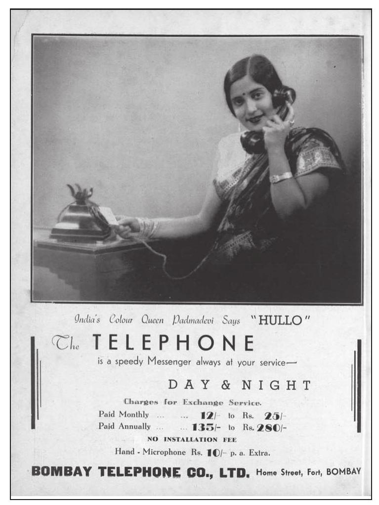 Image 6. Padmadevi, “Colour Queen of India,” looks charming with a telephone in hand. Advertisement in filmindia, December 1937. 