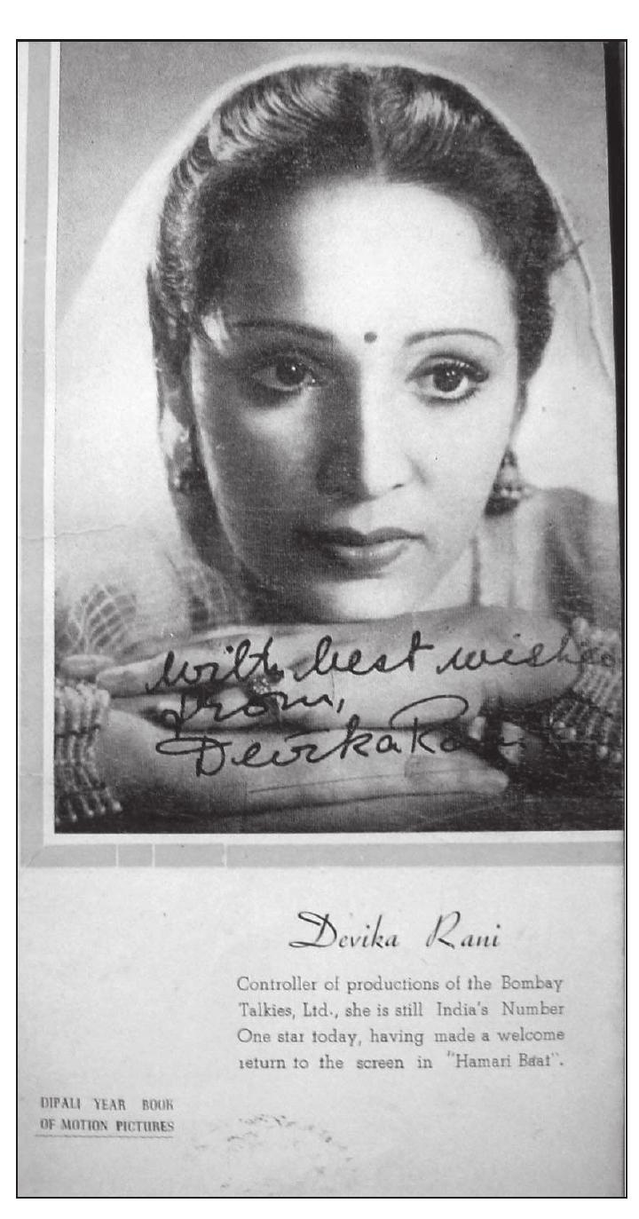 Image 9. “Controller of productions  of the Bombay Talkies Ltd., she is still India’s Number One star today, having made a welcome return to the screen in HamariBaat.” Devika Rani in a publicity photograph in the Dipali Year Book of Motion Pictures, 1943. 