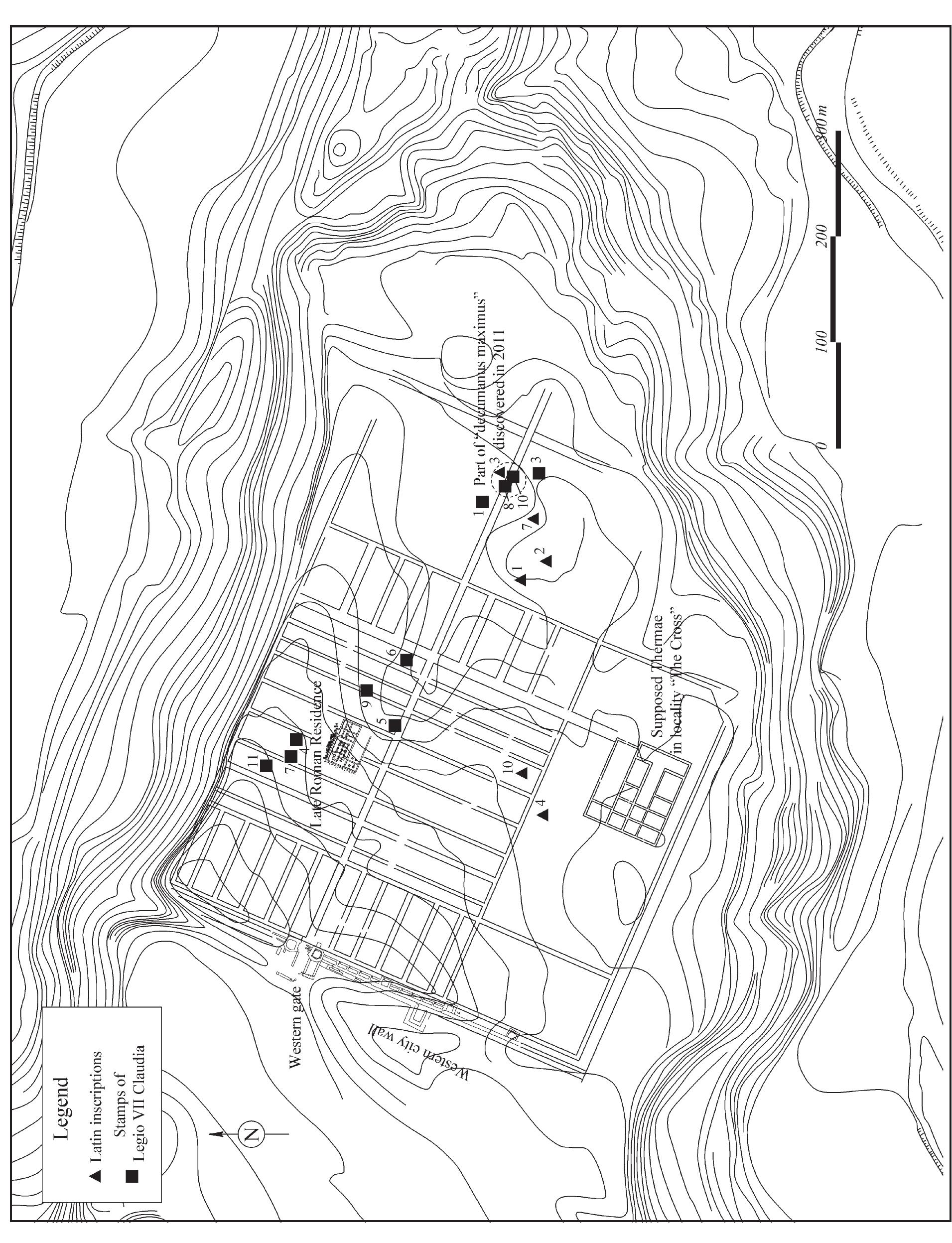 Fig. 5. Supposed plan of Ratiaria including excavated areas, newly discovered findings, analysis of the  digital copies of aerial photography and topographical data of the terrain (The numerals correspond to  the catalog numbers in the articles of Rumen Ivanov (p. 143-170) and Kalin Stoev (p. 230-238) in the present volume) 