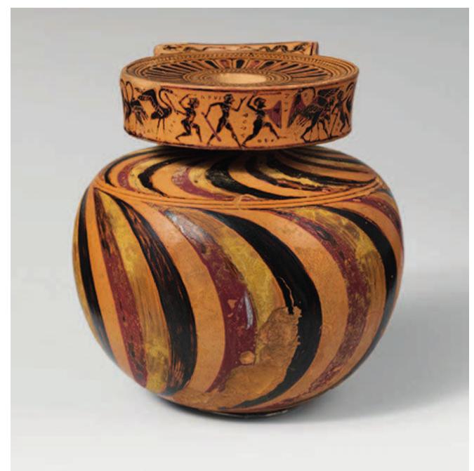 Fig. 2 Nearchus’ aryballos, New York, MMA 26.49. Hermes. Battle of cranes and pygmies. 