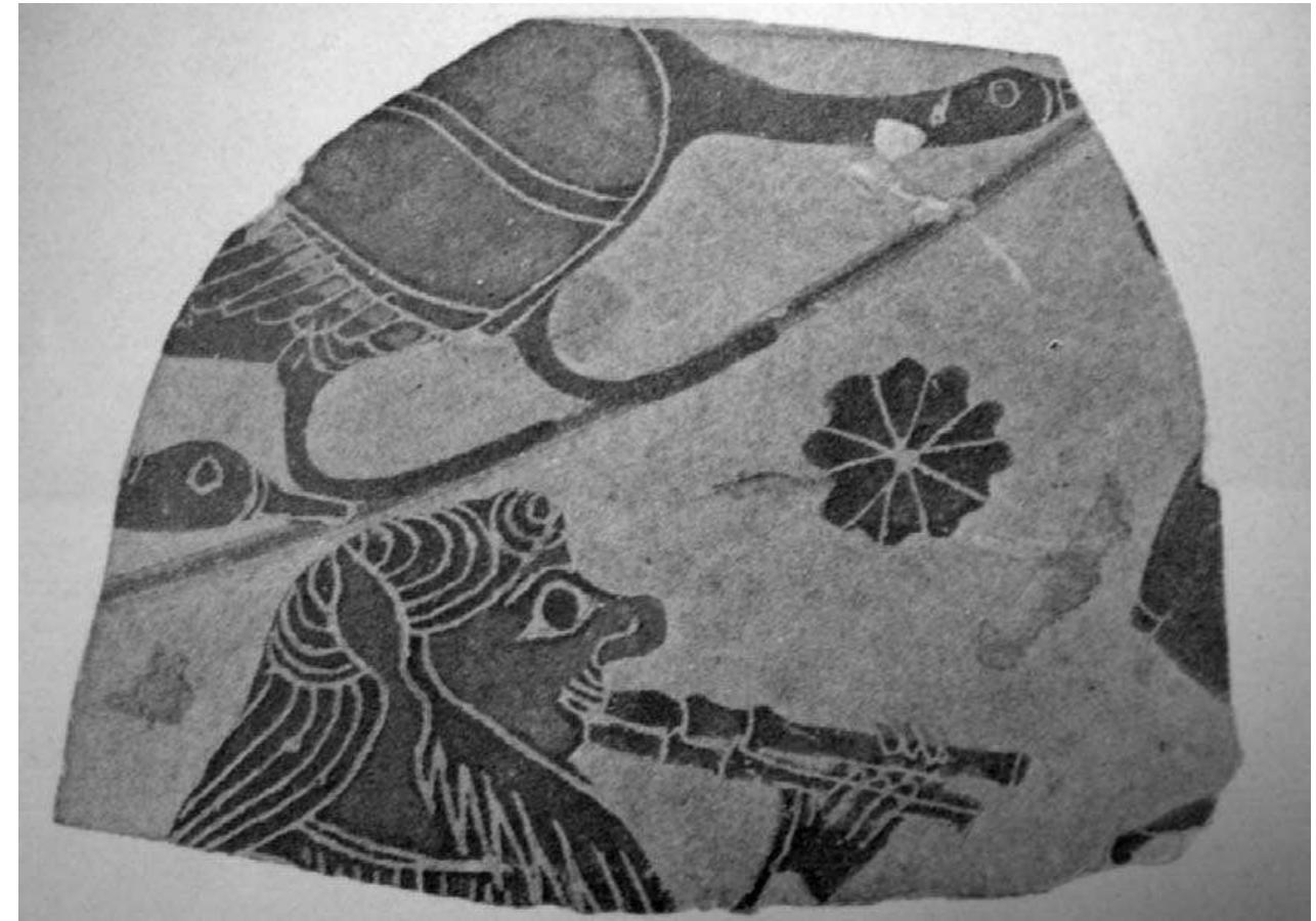 Fig. 7 Unattributed fragment from Naukratis (soon after 600 BCE), London B 103.16. Man in satyr costume playing an aulos.  Fig. 6 Dinos fragment attributed to Sophilus (ca. 580 BCE), Istanbul 4514. Man in satyr costume clutching a nymph. 