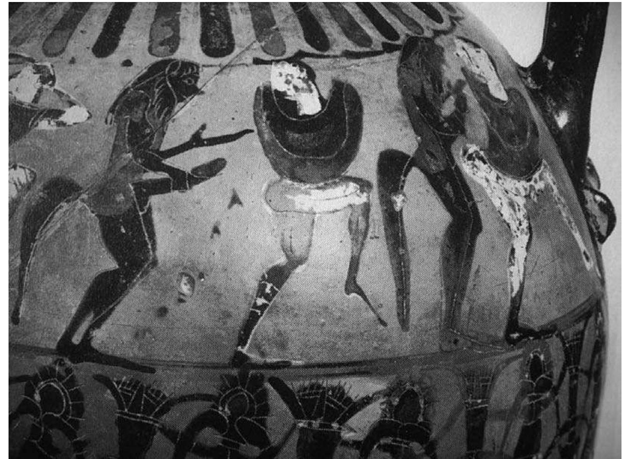 Fig. 9 Tyrrhenian neck amphora (2.nd quarter of the sixth century BCE), Rome, Museo Nazionale Villa Giulia M. 453. Detail: men wearing satyr costumes. 