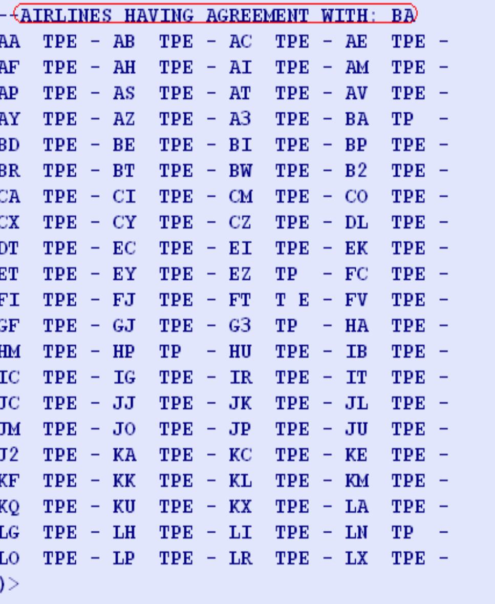 System Response:  For British Airways with All Carriers: TGAD - BA 