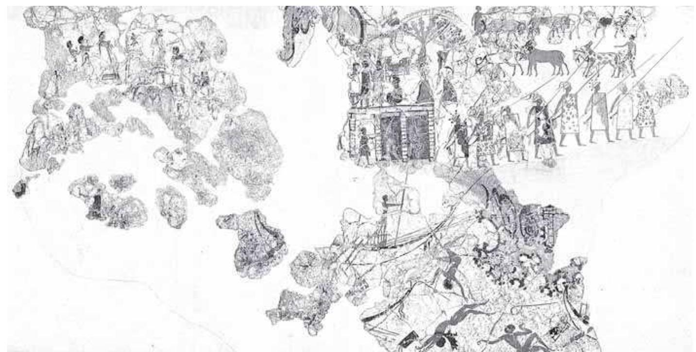 Fig. 1. Akrotiri, West House, Room 5, North Frieze.  With regard to the thematic level, Sarah Morris,” for example, systematically studied the correspondences between Homeric poetry and the representational art of the Thera frescoes. She demonstrated that the frescoes of the North Frieze, in Room 5 of the West House (Fig. 1), show many similarities with some Homeric scenes, not only with regard to iconographic themes like the representation of the hill council, or the band of warriors or the sea battle, but also in relation to more specific topics such as the battle at the wall, or the well and tree where two women walk carrying jars on their heads. The band of warriors and the women at the well depicted in the Theran frescos clearly resemble the Odyssey episode where Homer juxtaposes arriving warriors and female water-carriers in a similar manner. When Odysseus and his companions arrived at the land of the Laistrygons: “... in front of the town they met a girl drawing water. This was the powerful daughter of the Laistrygonian Antiphates, who had gone down to the sweet running well-spring, Artakie, whence they would carry their water back to the city” (Od. X, 105-108). 