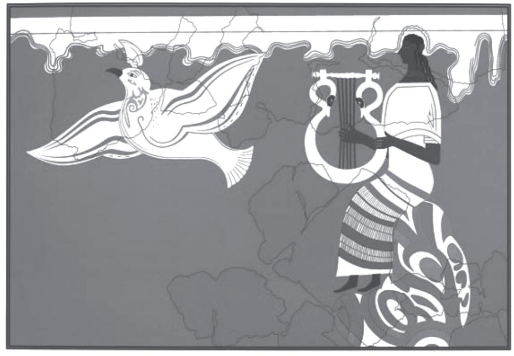 Fig. 39. Pylos, the singer fresco.  Thus the poet becomes the intermediary between the collective message of iconography and the personal message of the king’s propaganda. His importance is evident at Pylos, as he appears as a subject depicted within the iconographic program of the palace,*’ and at Haghia Triada, since he appears in the Sarcophagus as companion and accompanist in the royal (?) funerary procession.** 