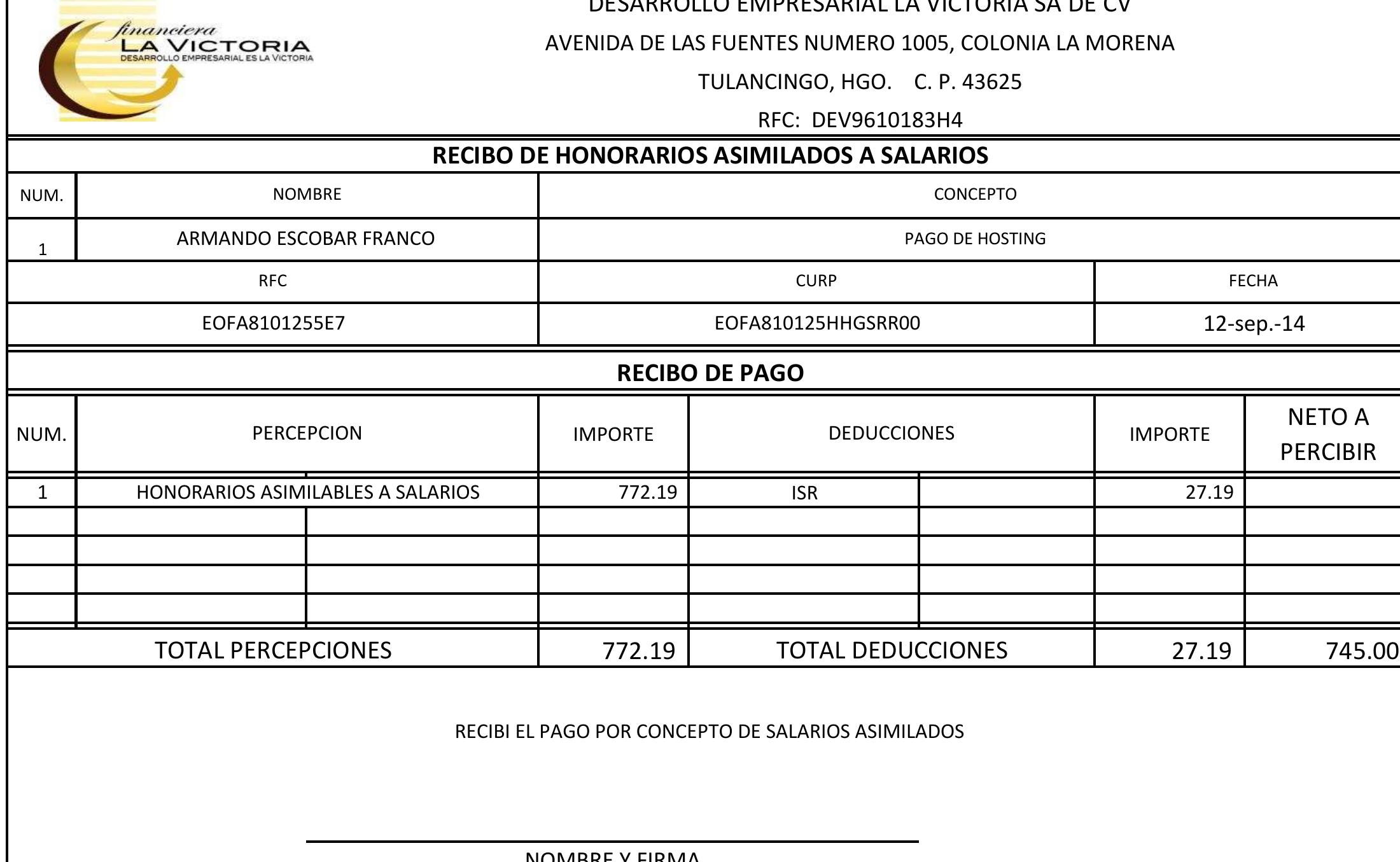 Table 1 - RECIBO DE HONORARIOS ASIMILADOS A SALARIOS RECIBO