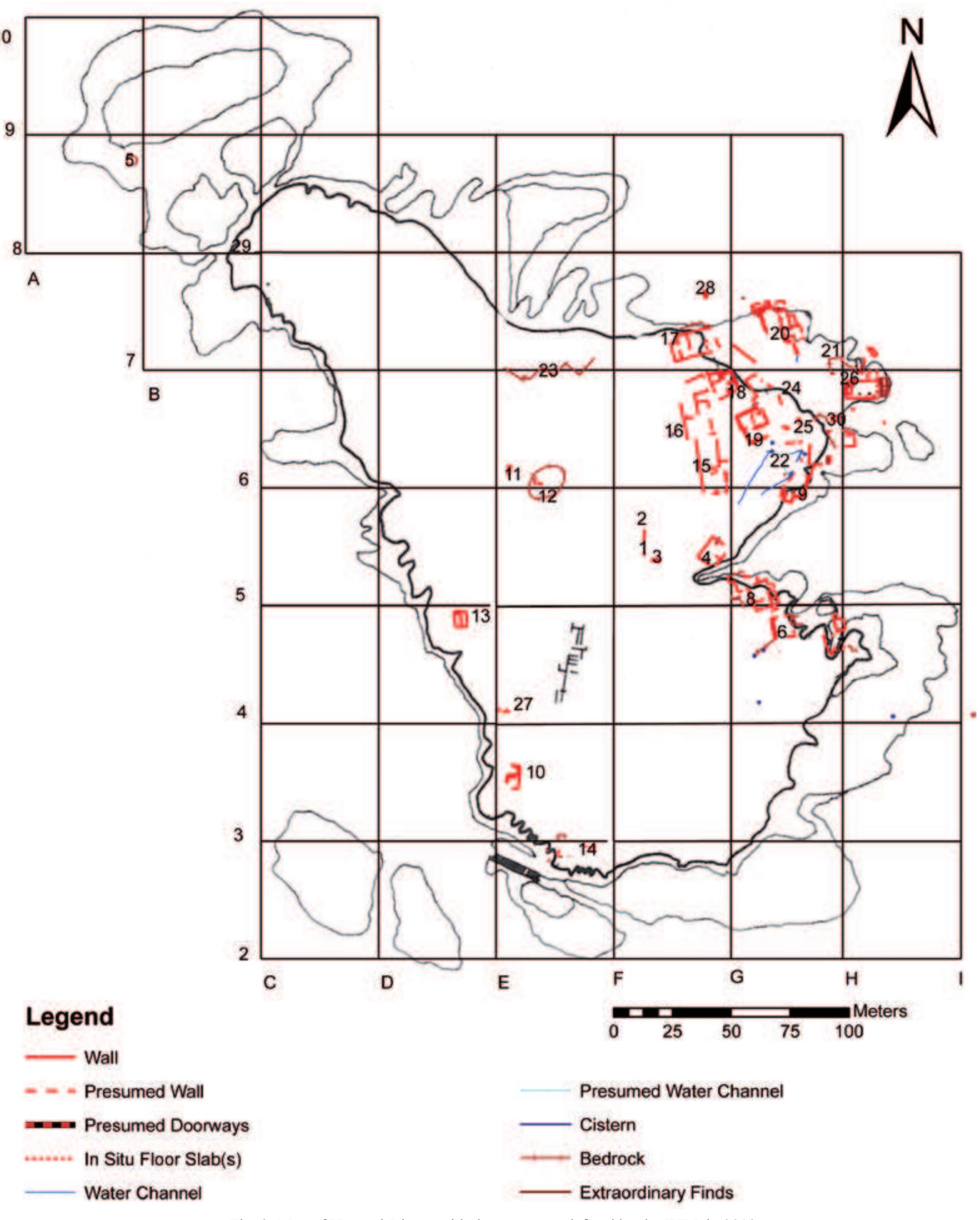 structure 10 appeared to be the only Nabataean- period structure that was dated based on the pottery distribution and is not situated on the eastern edge of Umm al-Biyara. Two parallel rows of flat sandstone slabs and two perpendicularly abutting walls on the far southwestern edge of the 