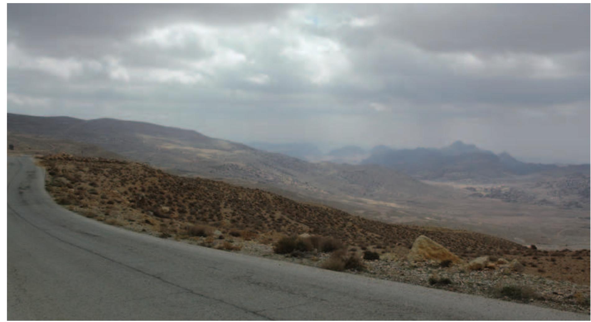 Fig. 21. The as-Shara tower (left) with the view of the landscape to the west (photo W. Kennedy).  but details cannot be seen. When marking the maximum limits of the middle-distance range (4400 m), it becomes clear that, most strikingly at Jabal Qarun and Rajif, the majority of the visibility field lies beyond the meaningful middle-distance radius. Thus, structure 10 was most probably not visible from Rajif, since it lies far beyond a realistic viewing distance of 4400m and would be part of the blurry view of the horizon. In fact, no structure discussed in this paper lies within the middle- distance radius of any other structure (fig. 23). However, taking a closer look at the visibility fields within the middle-distance radii, each area incorporates parts of the landscape which are not visible from another point. The area northwest of structure 10 in particular shows a great overlap of visibility between Jabal Qarun, Qasr Umm Rattam and structure 10. The same phenomenon can be observed within the middle-distance ranges of Jabal Qarun and Qasr Umm Rattam more to the north.  