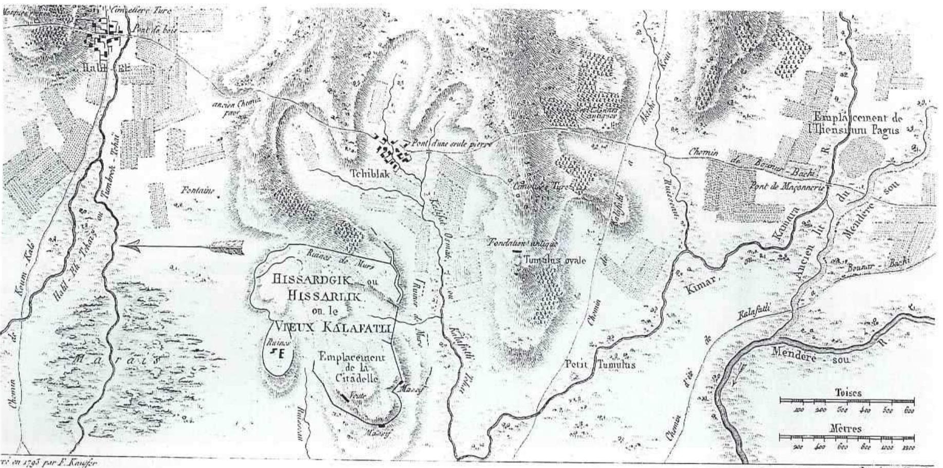 Fig. 1 Franz Kauffer’s 1793 map, with architectural remains drawn in by Barbié du Bocage probably on the basis of the 1814 survey by Dubois. From Choiseul-Gouffier, Voyage Pittoresque de la Gréce I 2 (1822) pl. 35. 