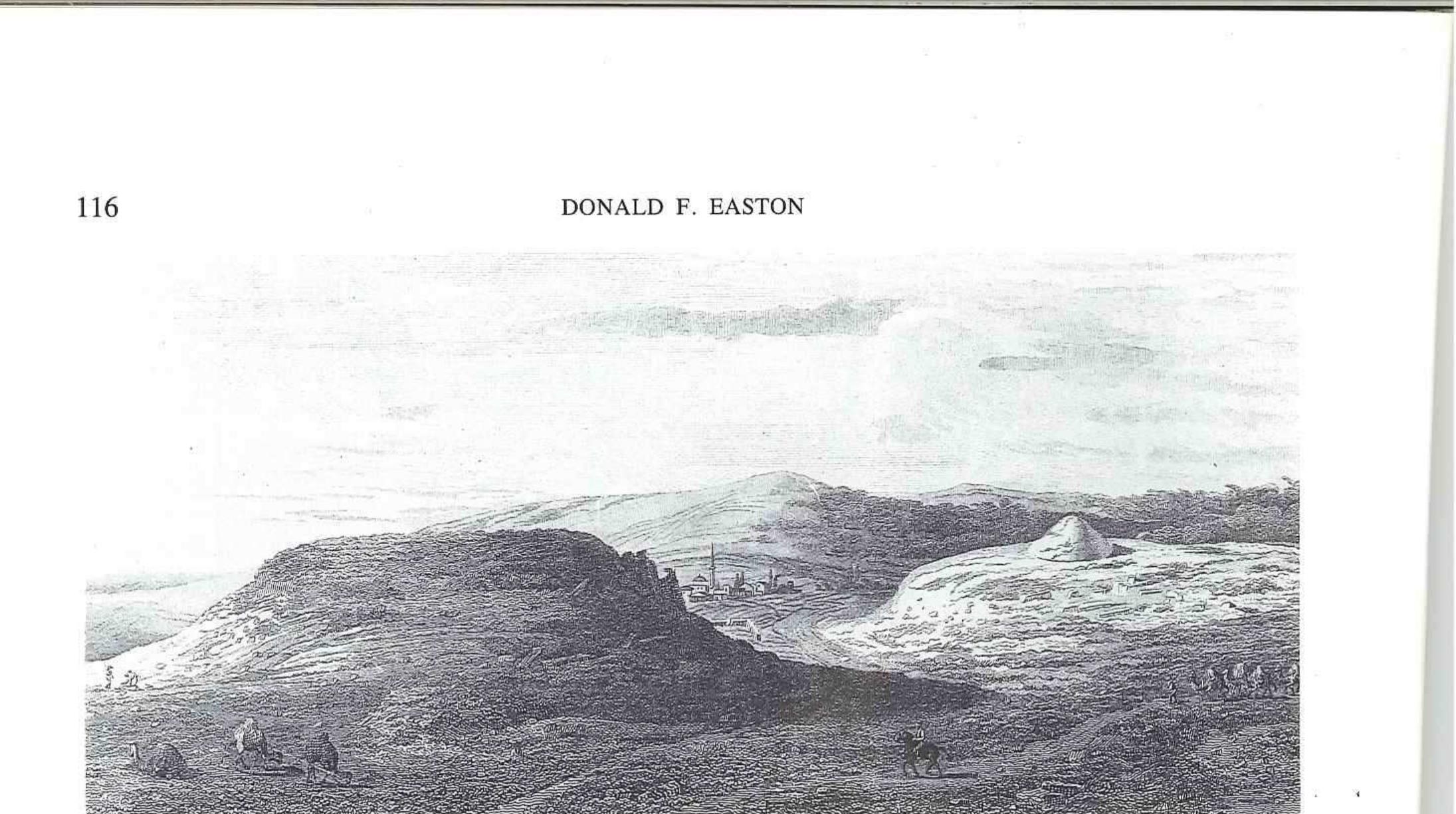 Fig. 2 J.B. Hilaire’s sketch of the southern spur of Hisarlik in 1814; Ciplak is visible in the background. From Choiseul-Gouffier, Voyage Pittoresque de la Gréce I 2 (1822) pl. 36.  appears in the distance as one feature among others in a panoramic view (Ibid., pls. xiv, xviii, xix, xxxi, xxxvii). The fact is that the identification cannot be attributed to Gell. But we can see where he picked it up. His survey took place in December 1801, after which he returned to Constantinople. Shortly afterwards Clarke and Cripps came back from their tour of the Holy Land, Egypt and Greece which they had begun the previous March in the Troad. On arriving at their former lodgings in Constantinople they found them occupied by Gell and Dodwell; and thereafter all four shared the same accommodation from January till April 1802 (Clarke 1817, VII, 131f.), and there can be no reasonable doubt that it was from Clarke that he learnt of the identification. Clarke thus lost the pleasure of announcing the discovery himself; but it may have been with a view to establishing his priority that in 1812 he included in his ‘Travels’ the following note:  were shown a large number of coims of lium which had come, they were told, from Hisarlik (Ibid., 130-3). These, together with the evidence of in- scriptions in the neighbourhood, persuaded Clarke to propose the site’s identification as New Ilium. He was not, as Cook has pointed out (Cook 1973, 93f.), the first to place New Ilium in the region of Ciplak; but he was the first to place it specifically at Hisarlik and to do so for a sound archaeological reason — although Morritt later claimed that he had thought of the idea first, in 1794, only to reject it (Walpole 1817, 556). But Morritt’s letters show that the site he noticed was the Ciplak burial- ground, and neither they nor his ‘Vindication of Homer’ provide any support for his claim (Marindin 1914, 141; Morritt 1798, 91).  Nevertheless the first person to publish the iden- tification was not Clarke himself but Gell. His  ee. ee a a es) aS fp Peery ana peabe BEER. Ls oa 