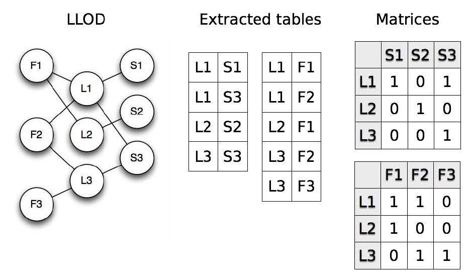 We have demonstrated how to extract table data from the Linked Data graph and explained how table data can be transformed into numerical matrices. An illustration is given in Figure Bl, which contrasts the graph, table and ma- trix formats.  Figure 3: Toy example of a graph with the equivalent ta- ble and matrix formats. The graph has two kinds of links: between nodes of kind ‘F’ and ‘L’, and between nodes of kind ‘L’ and ‘S’. So, there are two tables with links, and two corresponding matrices. 