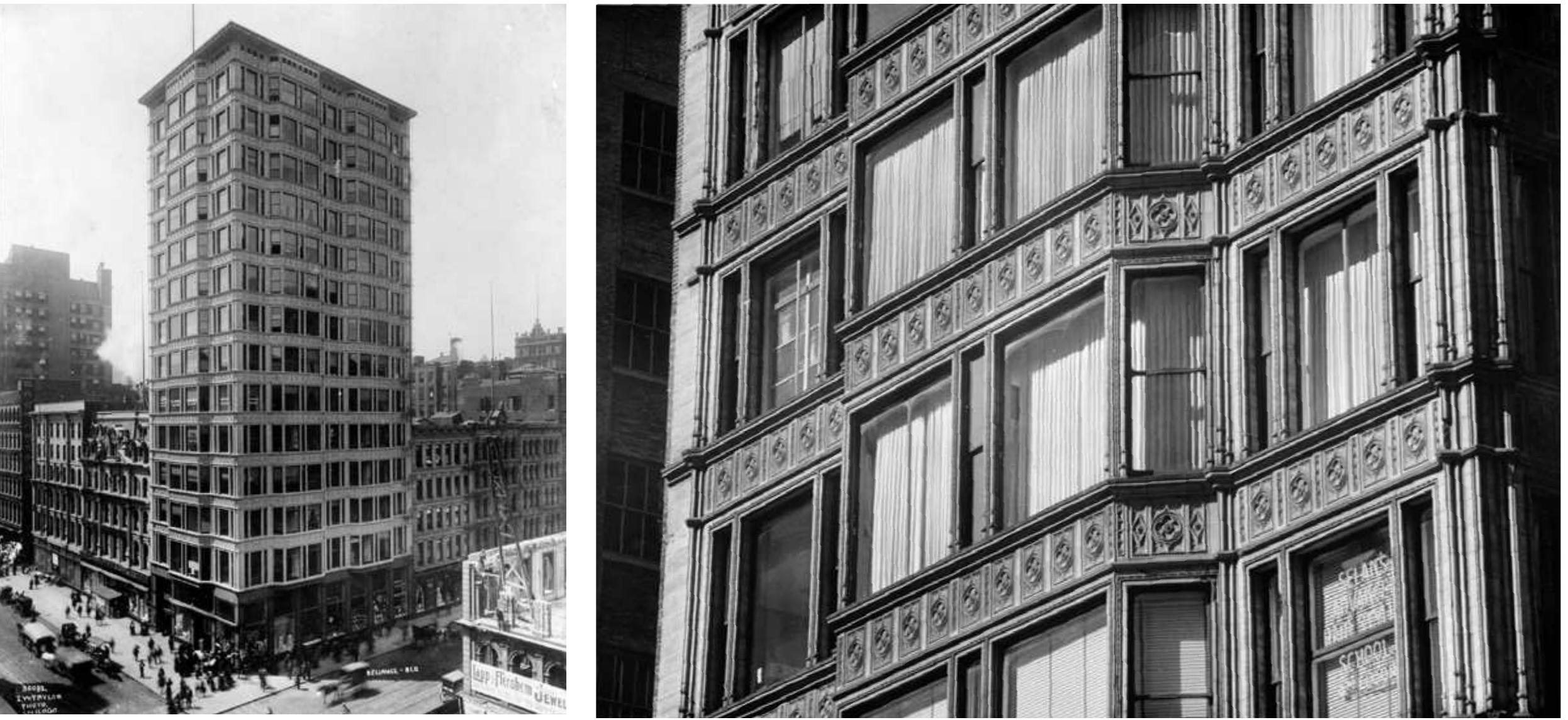 ihe curators empnasis on the aesthetics or the steel-irame was based 1n their desire to draw a direct link between the formal characteristics of the early Chicago skyscraper and those of the International Style. In his introduction to the International  LEFT: D. H. BURNHAM AND CO., RELIANCE BUILDING, CHICAGO, 1895. RIGHT: DETAIL OF ORNAMENTED TERRACOTTA TILE, RELIANCE BUILDING 