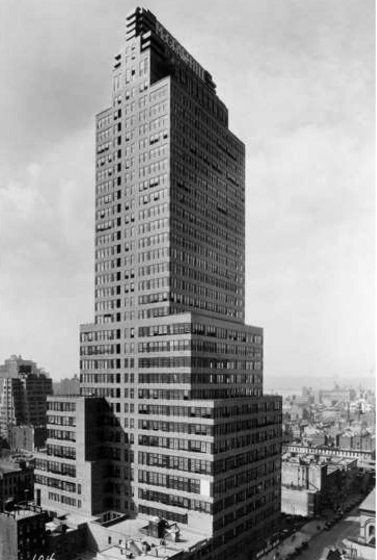 The mythology of the “Chicago School” of architecture must be seen in relation to the dramatic reshaping of American cities and the American building industry caused  by capitalist cycles of boom and bust, especially the Great Depression. Hitchcock and Johnson’s display of a select group of early Chicago skyscrapers as forerunners of the International Style was not a disinterested historical exercise. It was a form of operative history; a presentation of the past intended to influence building in the present. Their championing of the work of Jenney, Burnham & Root, Sullivan, and Wright, came  at a critical time in the short life of the skyscraper type. After a period of what economists describe as “overbuilding” or “overinvestment” in commercial building stock during the 1920s, skyscrapers were increasingly losing their value and many of the early tall commercial buildings, now almost forty years old, were being demolished and replaced by low buildings or even vacant lots used for parking.'2?! As some contemporary review-  RAYMOND HOOD, MCGRAW HILL BUILDING, NEW YORK, 1931, FROM THE EXHIBITION ALBUM MODERN ARCHITECTURE: INTERNATIONAL EXHIBITION. ALTHOUGH THE MCGRAW HILL BUILDING SHARES THE SAME STEPPED-BACK PROFILE AS THE SHELTON HOTEL, ITS CURTAIN-WALL IS EXPOSED BY LARGE HORIZONTAL WINDOWS A! IT LACKS HISTORICIZING ORNAMENT AT THE ROOF LINE, FORMALLY LINKING IT WITH THE INTERNATIONAL STYLE. 