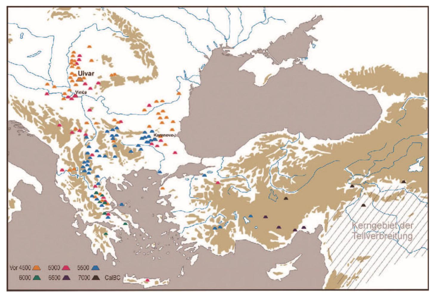 Fig. 10. Beginning of tell accumulation in the Near East and Southeastern Europe (Schier 2005, 10 Abb. 2). 