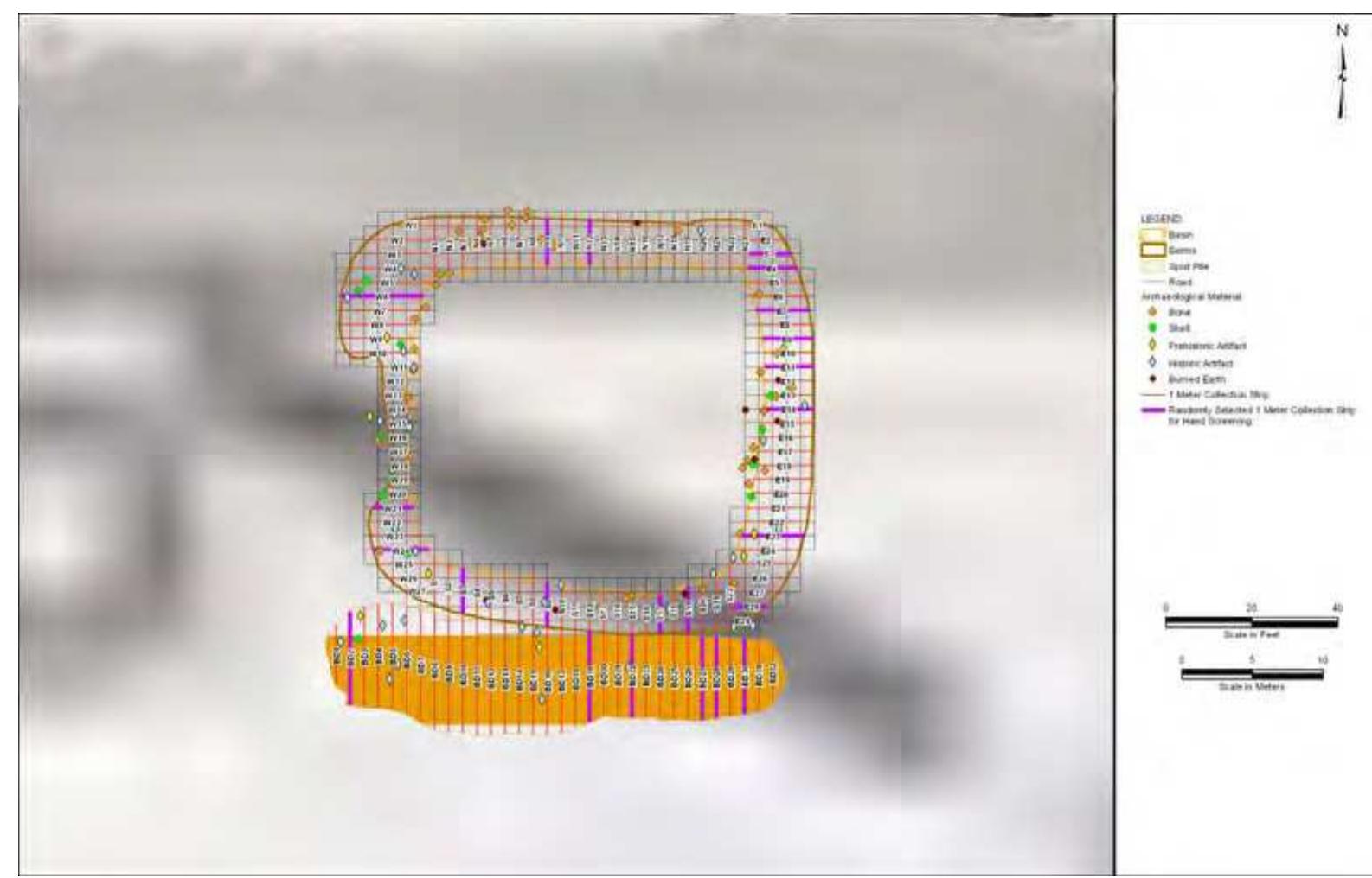Figure 2. Map of the area of disturbance and collection grid showing the surrounding berms and backdirt pile to the south. 