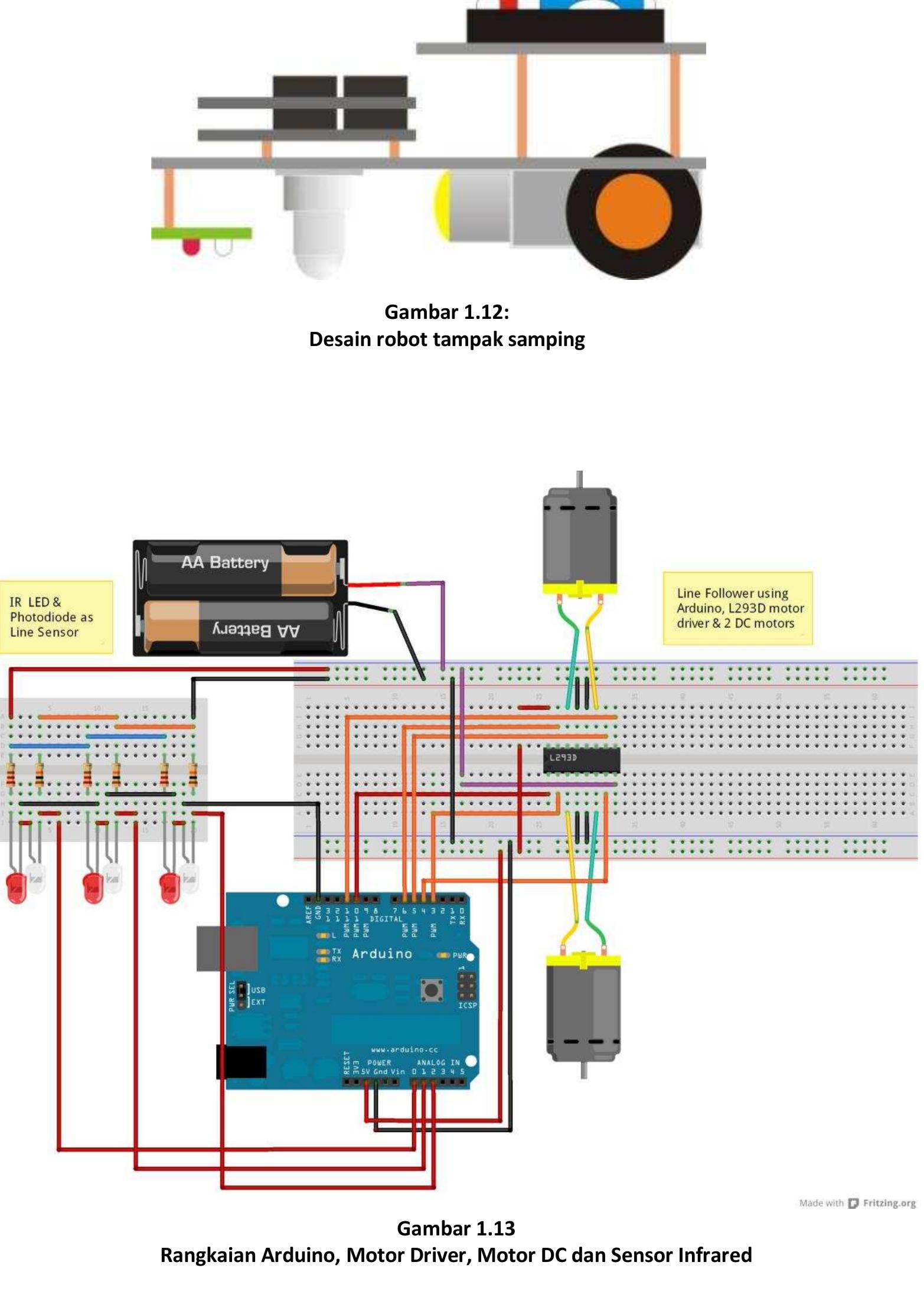 Rangkaian arduino, motor driver, motor dc dan sensor