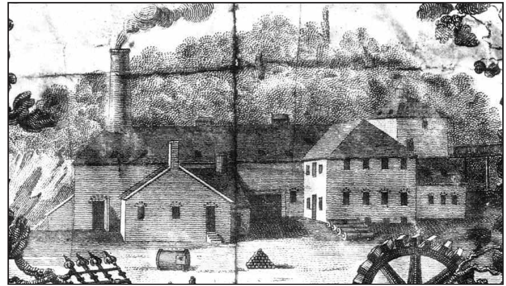 Figure 1. Detail of an 1821 broadside advertisement for the West Point Foundry, showing the gun foundry (left, with air furnace stack and boring mill, looking westward. Note the finished cannon lying in a row in front of the boring mill. Courtesy Putnam History Museum. 
