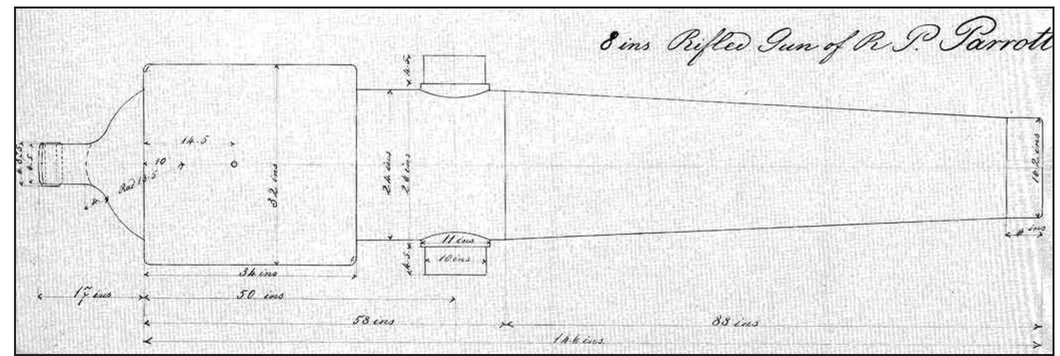 Figure 3. Drawing by John Ferguson Weir of an 8-inch Parrott gun clearly showing the distinctive wrought-iron reinforcing band near the breech (rear) end of the weapon. From Betsy Fahlman, John Ferguson Weir: The Labor of Art (Newark: University of Delaware Press, 1997), 74, by permission of the press. 
