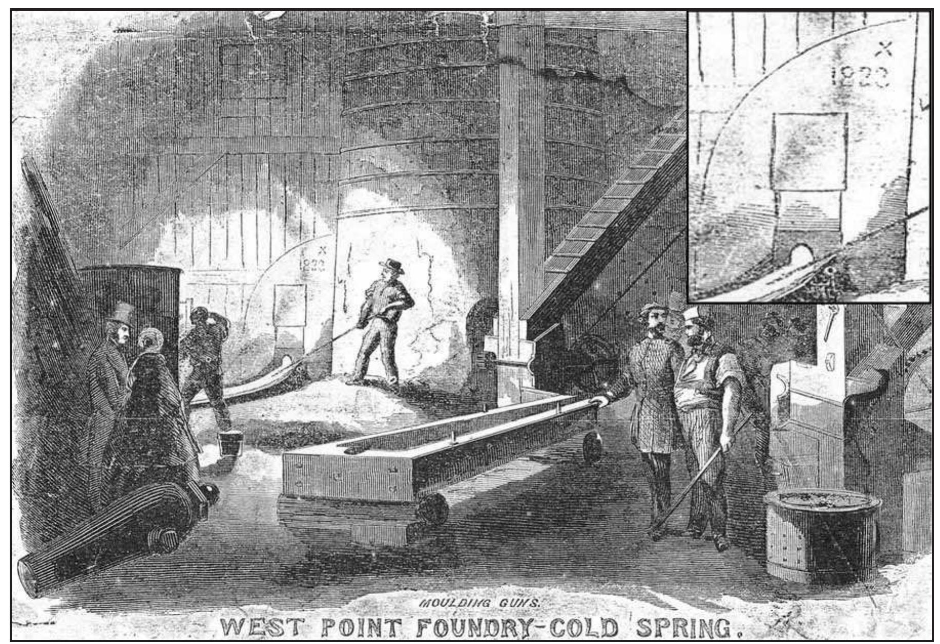 Figure 4. An 1861 view of the gun foundry interior showing iron being tapped from one of the two air furnaces. Notice the large masonry stack separating the two furnaces (the other furnace is in shadow) and the wooden (or tin-covered wood) partition concealing all but the semicircular face of the air furnaces. The face of the furnace appears to be marked with a date of 1823 or possibly 1828.  From “West Point Foundry” Harper’s Weekly, 14 Sept. 1861, p. 588.  The high-water mark for the foundry arrived dur- ing the American Civil War. After Gouverneur Kem- ble began to retire from active management of the operation, Robert Parrott leased the foundry” just as demand for rifled guns was especially high. The indus- trial capability of the Union is often identified as a key factor in the conflict and the West Point Foundry served as an important high-volume producer of badly- needed ordnance. In one dramatic case the foundry’s  While the foundry could (and did) build steam engines, pumps, rifled cannon and other modern contrivances associated with the nineteenth century, the basic technol- ogy behind the West Point Foundry were its furnaces for melting iron, including a blast furnace for initial smelt- ing, cupola and reverberatory air furnaces for casting, 