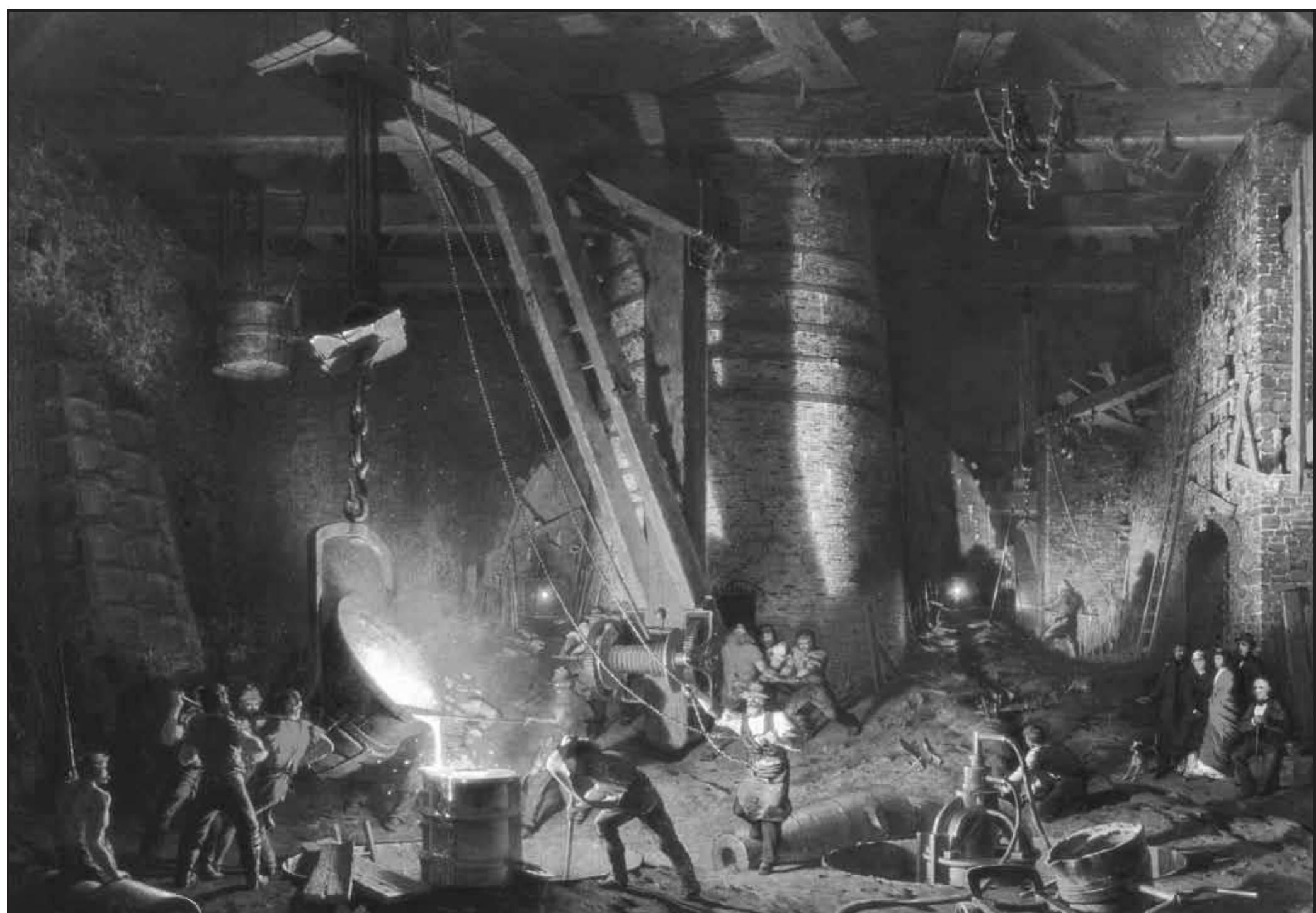 Figure 5. The Gun Foundry, 1864-66. John Ferguson Weir’s carefully researched painting of the interior of the gun foundry depicts the reverberatory furnaces casting pits and masonry stack in use at the height of the Civil War. Foundry workers ave busy casting a gun using a Rodman water-cooled mold. Courtesy Putnam History Museum. 