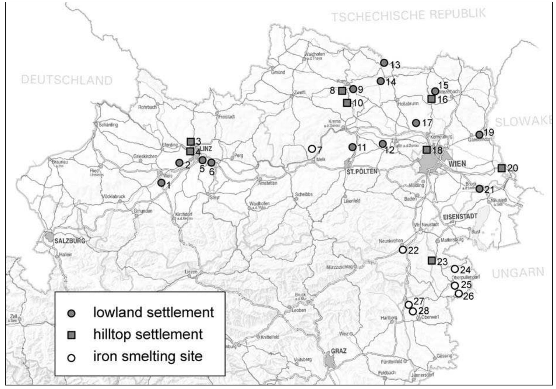 Fig. 1: Map of the most important La Tene sites mentioned in the text (lowland and hilltop settlements, iron smelting sites). 1 Oberschauersberg, 2 Neubau, 3 Ling-Griindberg, 4 Linz-Freinberg, 5 Gemering, 6 Asten, 7 Loitzendorf, 8 Umlaufberg, 9 Mold, 10 Gars-Thunau, 11 Inzersdorf-Walpersdorf, 12 Michelndorf, 13 Mitterretzbach, 14 Roseldorf, 15 Michelstetten, 16 Oberleiserberg, 17 Haselbach, 18 Wien-Leopoldsberg, 19 Stripfing, 20 Braunsberg, 21 Gottlesbrunn, 22 Natschbach, 23 Schwarzenbach, 24 Raiding, 25 Mitterpullendorf, 26 Klostermarienberg, 27 Pinkafeld, 28 Riedlingsdorf (map: BEV; drawing: Peter Trebsche). — Scale 1:2,000,000.  In contrast to hillforts, which have been in the focus of archaeological research since the 19" cen- tuty', lowland settlements of the La Téne period were almost exclusively recognized during rescue excavations (Fig. 1). In the Austrian Danube re-  Merely two excavations were conducted with scientific purposes: Raimund Karls excavation in the Middle La Téne settlement of Géttlesbrunn’ and the fieldwork under Veronika Holzet’s direction (Prehis- toric Department of the Museum of Natural History, 