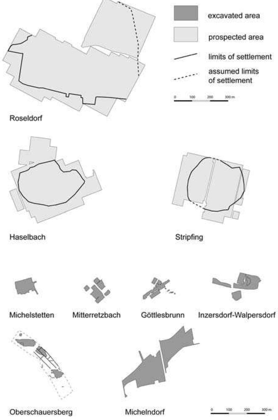 Fig. 2: Comparison of prospected and excavated areas in La Tene period lowland settlements (drawing: Peter Trebsche). 