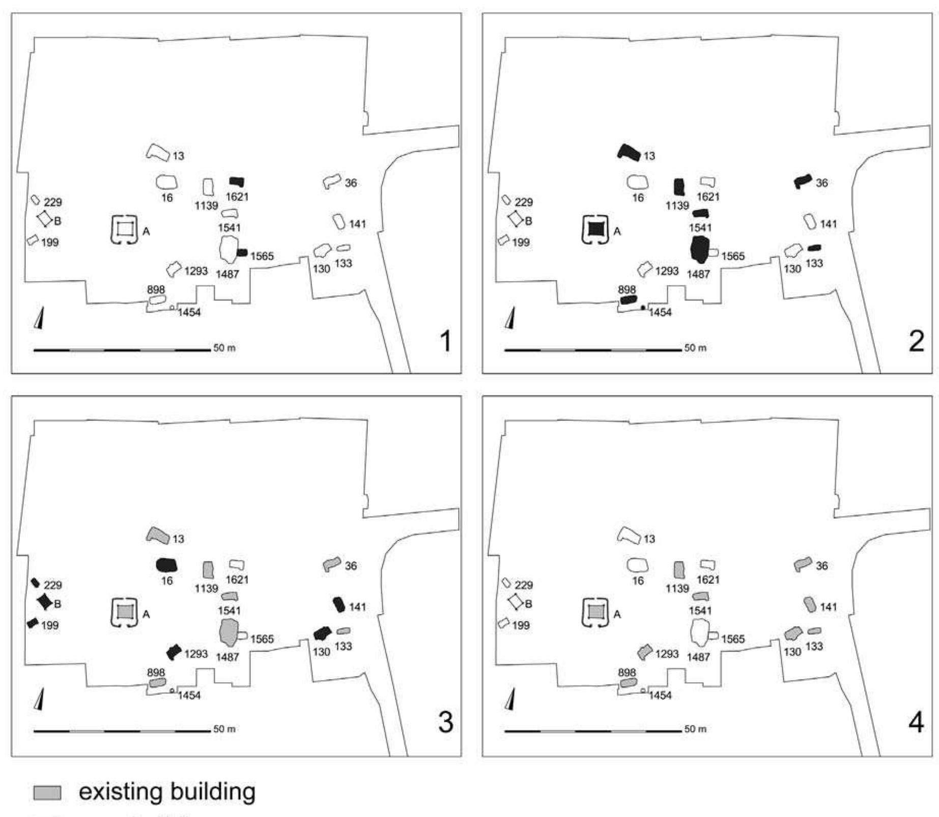 Fig. 6: Settlement plan of Michelstetten with differentiated phases: 1 ,,pioneer phase“, 2 ,,foundation phase“, 3 ,,enlargement phase“, 4 ,,abandonment phase“ (after Trebsche 2010a, fig. 57a-d). 