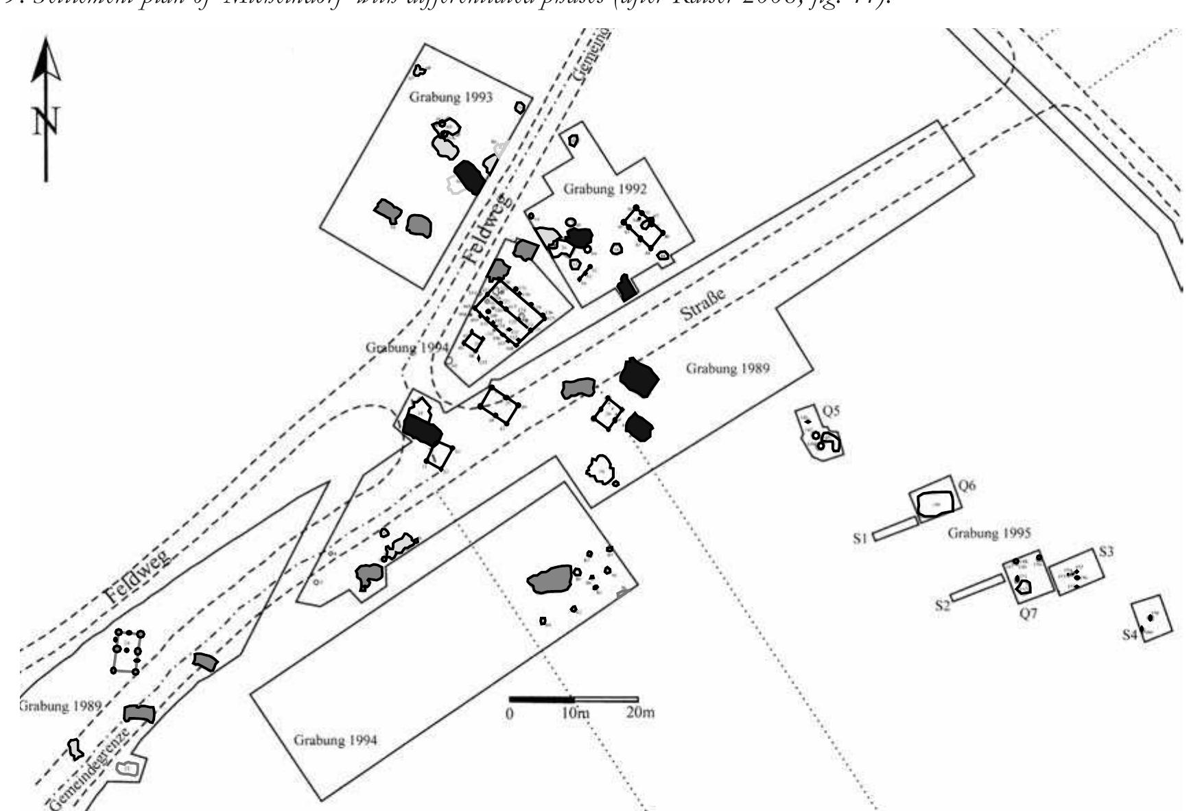 Fig. 10: Settlement plan of Gottlesbrunn with differentiated phases. Phase I: grey; phase I: black; phase II: light grey (after Karl / Prochaska 2005, pl. 95). 