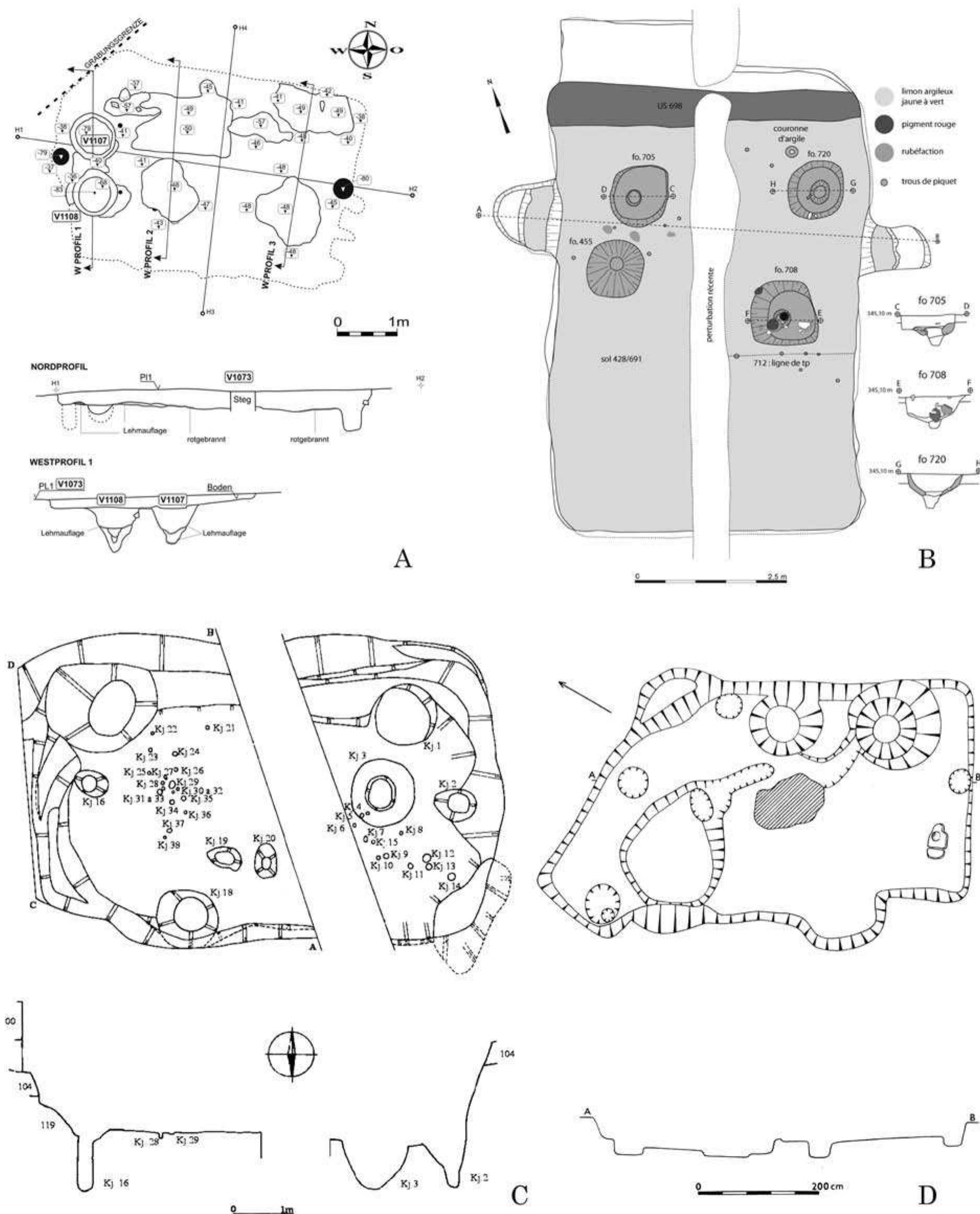 Fig. 14: Sunken pottery workshops. A Mitterretzbach in Lower Austria (drawing: Franz Drost); B Gondole in France (after Deberge et al. 2009, fig. 29); C Visnové (district of Znojmo) in Moravia (after Z. Cigmar 2006, fig. 9); D Milovice in Mora- via (after Cigmar 1994, fig. 3). — Scale 1:100. 
