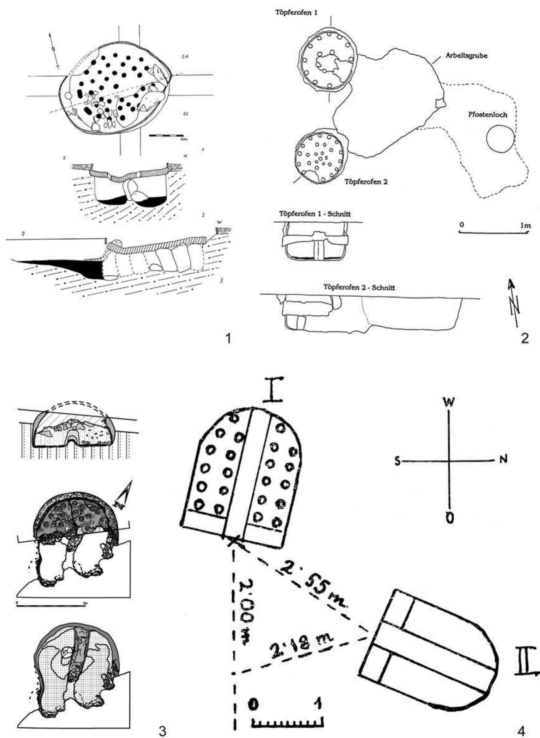 Fig. 15: Pottery kilns. 1 Herzogenburg (after Wind! 1972, fig. 6); 2 Gottlesbrunn (after Karl 1996 a, fig. 4); 3 Michelstetten (after Trebsche 2010a, plan 17); 4 Wien 3 (after Pittioni 1939-43, fig. 1). — Scale ca. 1:50. 