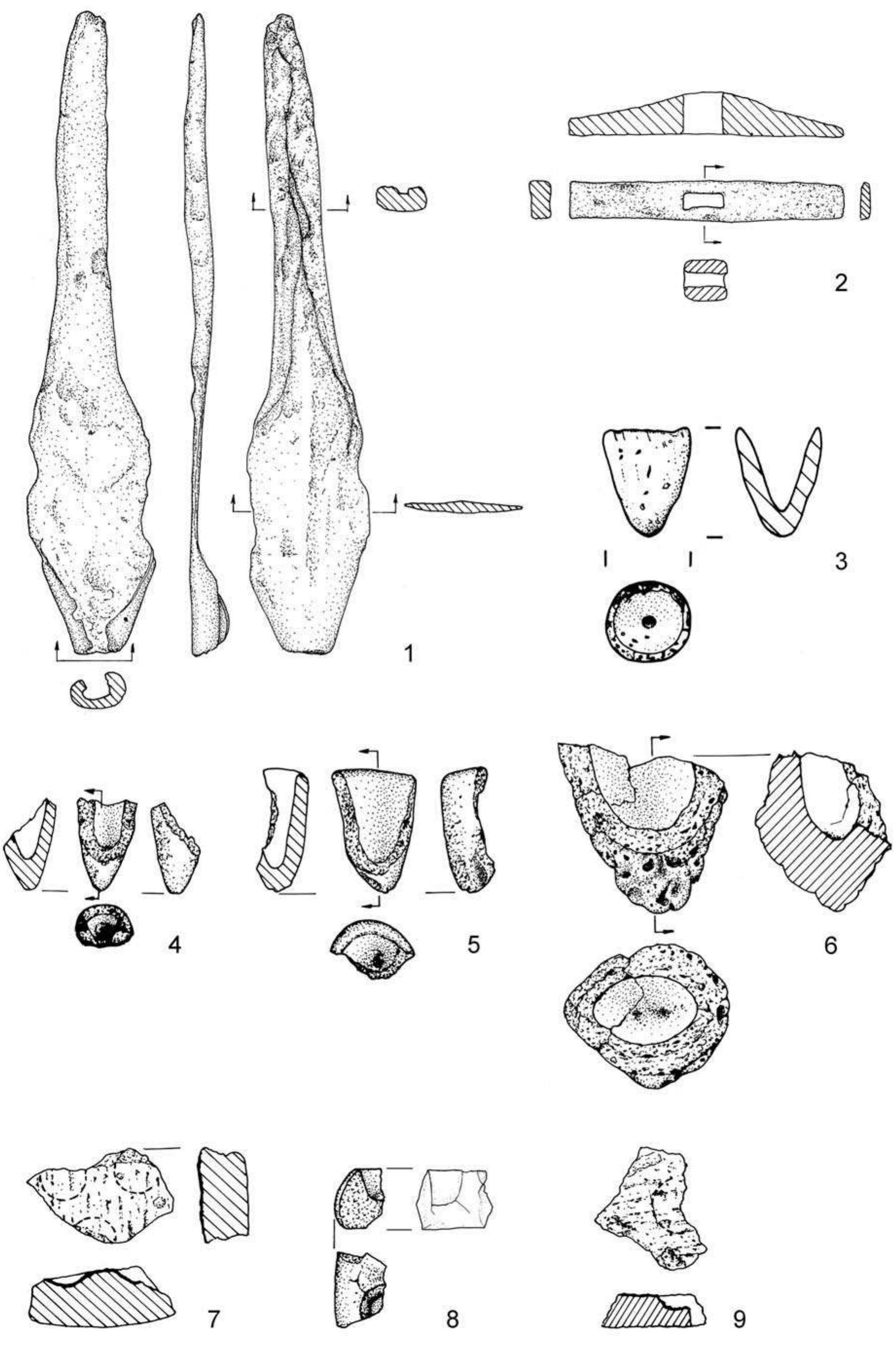 Fig. 16: Evidence of metal working in Michelstetten: 1 sword-shaped iron bar, 2 hammer for sheet working, 3-6 crucibles, 7-9 fragments of coin moulds (after Preinfalk 2010; drawings: Franz Drost and Peter Trebsche). — Scale 1:2. 