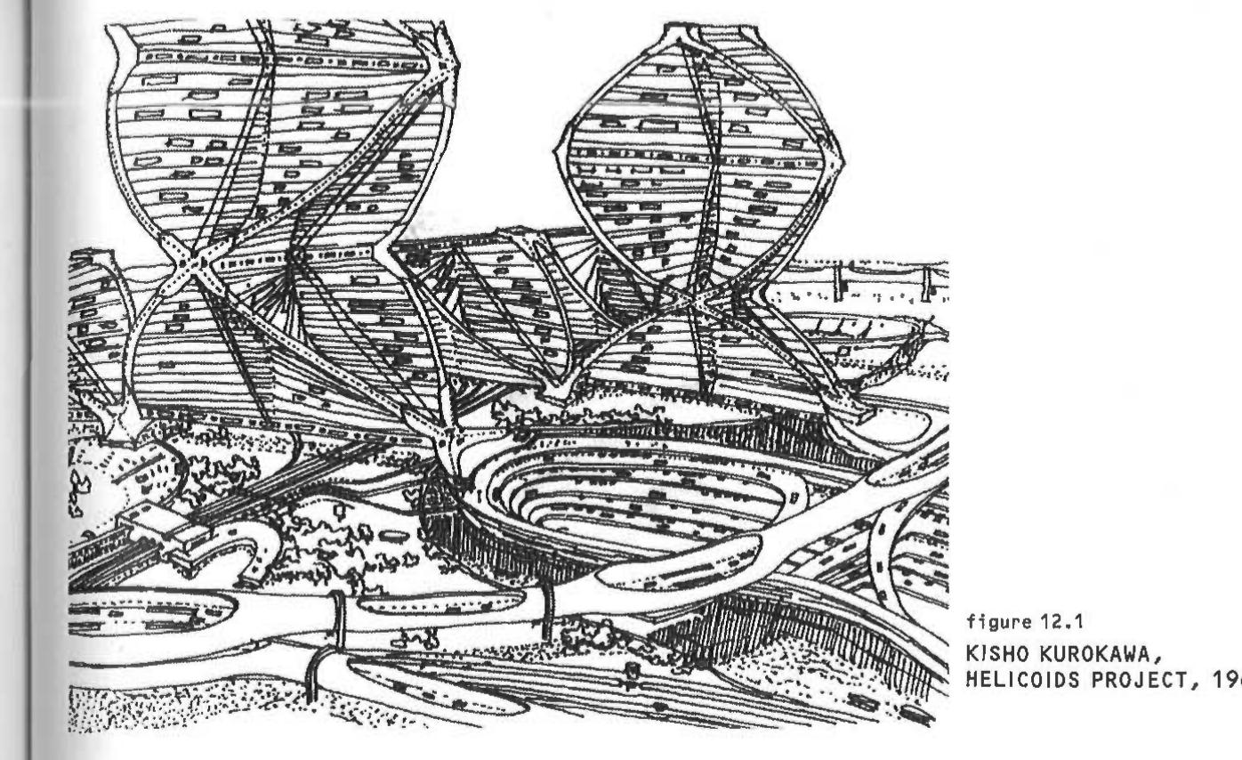 ift in modernist paradigm. However much the ip Archigram revered the work of the pioneer dom bestowed upon it by one of its mentors, the building should be ‘conclusive’.’ The imperative ead to create ‘open ends” (as an editorial in it), an architecture that would express its inhab- yus change. The certainty with which Korn’s ial ‘programme’ lying behind the design process, ally comprehensible whole’,* was becoming alien the consciences of some of the pioneers too. ‘You | the architect who is wrong’, Le Corbusier gen- y modifications made by residents of his early  and changes, then so should its architectural container. Two key models, the frame and the stem, were in theory infinitely extendible, and boasted a certain capacity for remod- elling after construction. Gaining ‘clip-on’ units much as a tree gains fruit, in the 1960s the stem found its most extreme advocates amongst the Japanese Metabolists (Figure 12.1), and its most popular image in Peter Cook’s Plug-in City project (1964) (Figure 11.3), exemplifying the drive to purify architecture into a sophisticated, dedicated serv- {cing and circulation that could support its clients’ needs with equanimity. In Cedric Price’s Fun Palace project (1961) (Figure 2.2) and Ezra Ehrenkrantz’s SCSD school (1960), the frame became a ‘well-serviced shed’ that nurtured an infinitesimal number of permutations of modular architectural elements slotted inside. Yona Friedman took the giant frame into the air, finding there fewer limitations to architectural growth and ghange than those besetting landlocked non-plans (Figures 9.22—9.24). 